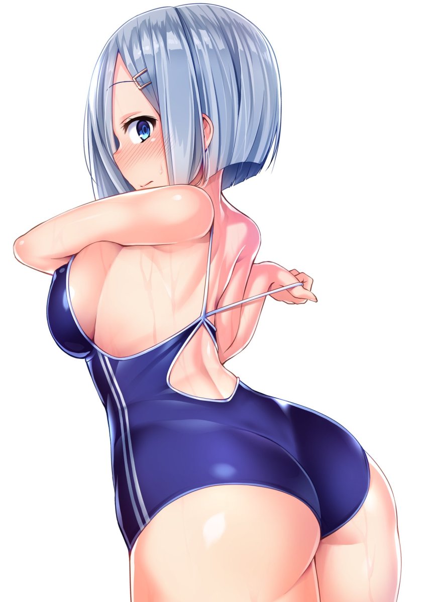 1girls ass back blue_eyes blue_mizugi blue_swimsuit blush breasts competition_school_swimsuit cowboy_shot dat_ass erect_nipples female from_behind glint hair_ornament hair_over_one_eye hairclip hamakaze_(kantai_collection) huge_ass kantai_collection large_breasts looking_back mizugi one-piece_swimsuit profile satou_kuuki short_hair sideboob silver_hair simple_background solo strap_slip swimsuit wet white_background