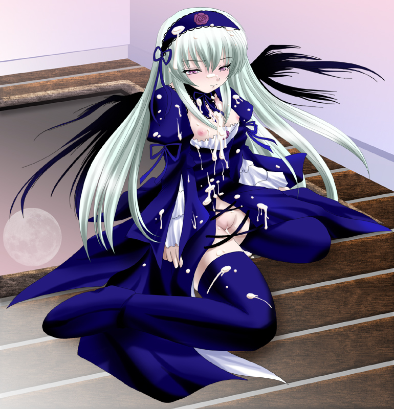 1girls breasts cum cum_on_body cum_on_breasts cum_on_clothes cum_on_upper_body facial female gothic_lolita hairband lolita_fashion long_hair nipples purple_eyes pussy rozen_maiden silver_hair solo suigintou thighhighs white_hair wings