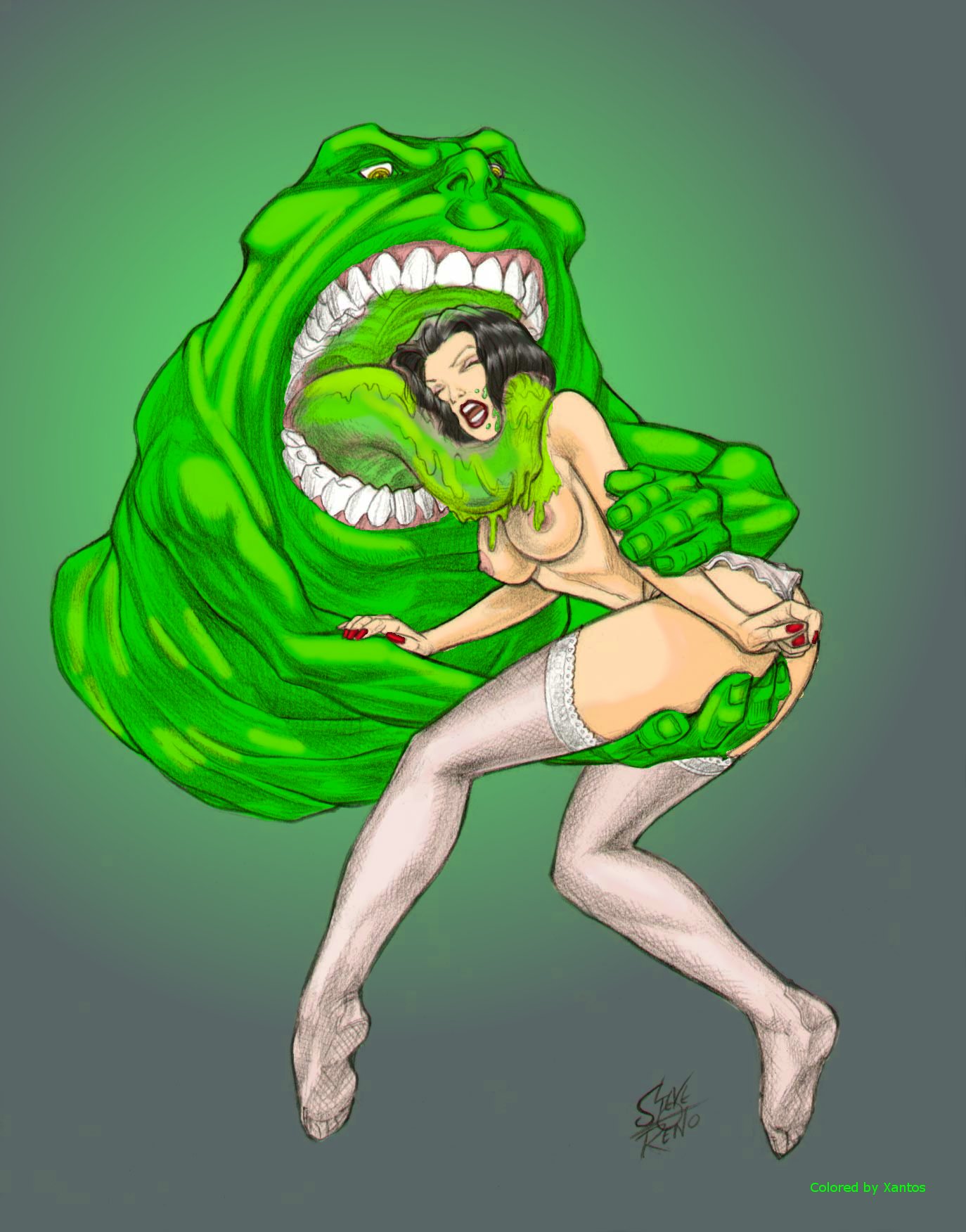 1boy 1girls colored female_prey ghostbusters janine_melnitz monster oral_vore slime slime_monster slimer steveoreno tagme vore