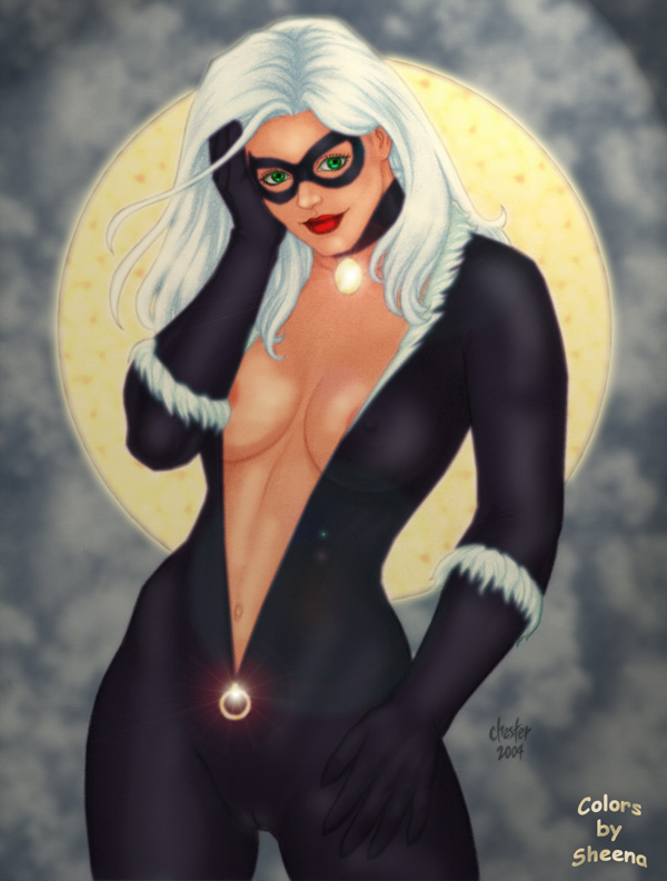 2004 black_cat_(marvel) breasts chester choker cleavage felicia_hardy female female_only green_eyes human marvel navel nipples solo spider-man_(series) straight_hair white_hair