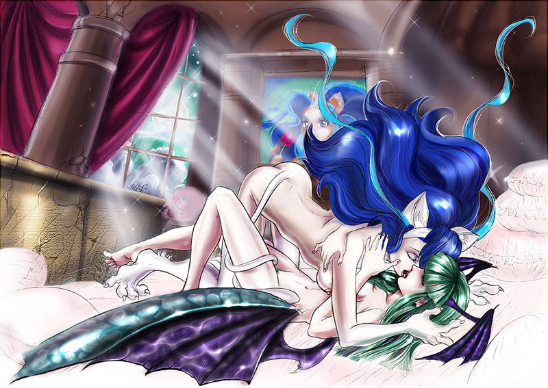 2girls animal_ears ass autumn_sacura bed blue_hair breasts capcom cat_ears cat_paws cat_tail closed_eyes darkstalkers demon_wings felicia female floating_hair flower green_eyes green_hair head_wings hug indoors kissing long_hair lying morrigan_aensland multiple_girls nipples nude on_back paws pubic_hair rose small_breasts succubus succubus_wings tail window wings yuri