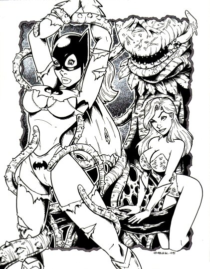 2005 2girls audrey_ii bat_print batgirl batman_(series) batman_symbol big_breasts bra cleavage crossover dc_comics female female_human femdom garrett_blair human imminent_rape little_shop_of_horrors long_hair monochrome panties plant plant_monster plant_tentacle plant_tentacles poison_ivy restrained strapless_leotard tagme tentacle tentacle_on_female thorns thorny_vines torn_clothes vines