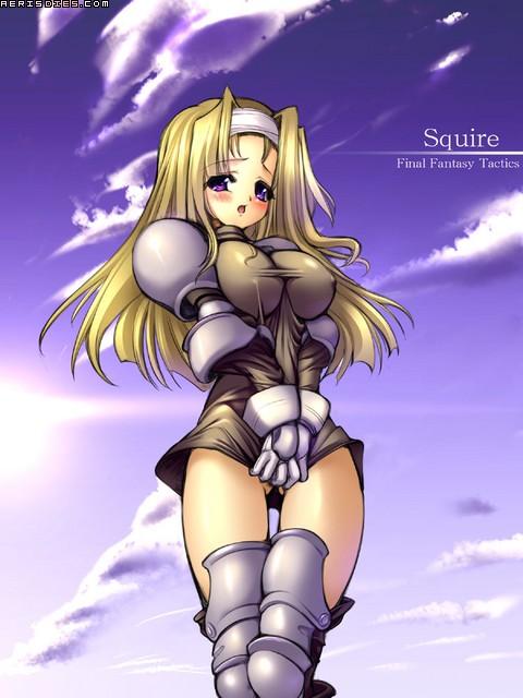 armor big_breasts blonde_hair blue_eyes bottomless breasts cute erect_nipples erect_nipples_under_clothes female female_only final_fantasy final_fantasy_tactics final_fantasy_tactics_(original) gunner-l huge_breasts impossible_clothes impossible_clothing impossible_shirt large_breasts long_hair long_shirt milktank no_panties skirt skirt_pull squire squire_(fft) tight tight_clothes tight_clothing