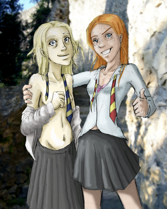 2girls abdomen artist_request bra breasts clothing female female_only freckles ginny_weasley gryffindor gryffindor_tie harry_potter luna_lovegood ravenclaw ravenclaw_tie shirt skirt tagme thumbs_up witch_(harry_potter)