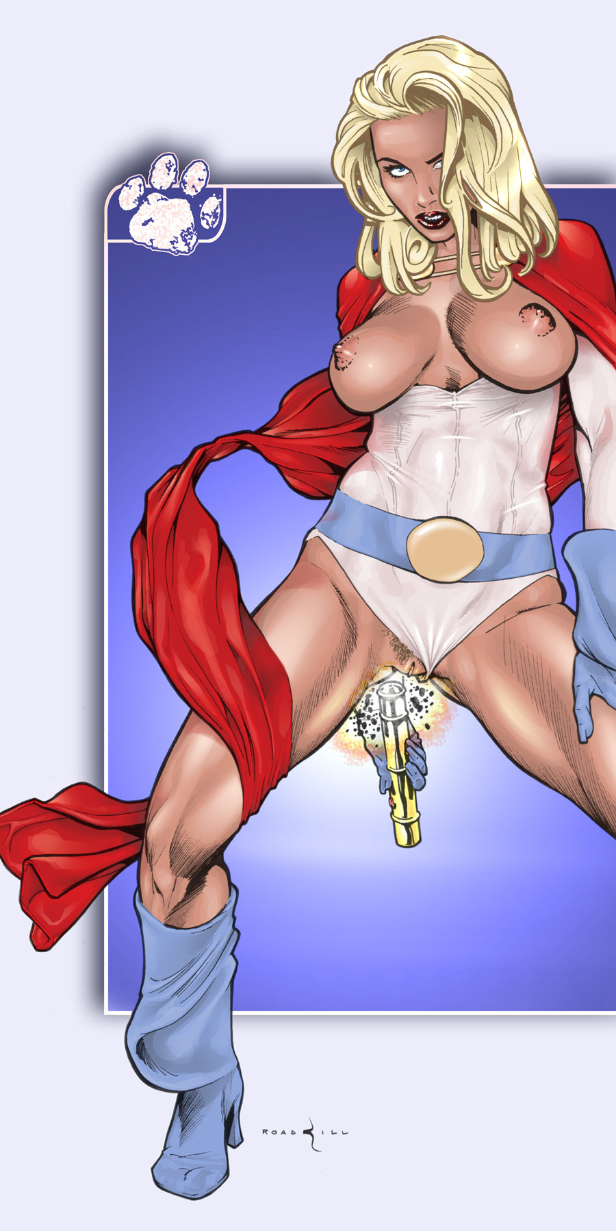 1girls areola big_breasts blonde_hair breasts catthouse_studios color colored dc_comics female female_only kara_zor-l karen_starr large_breasts mega-rod nipples power_girl pubic_hair pussy roadkill_(catthouse_studios) short_hair solo superman_(series) tagme the_new_gods vagina