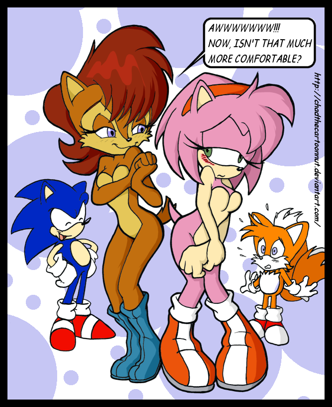 amy_rose anthro archie_comics boots breasts casual ccn chadthecartoonnut chipmunk dotted_background embarrassed exposed_torso featureless_breasts female footwear fox fur handwear handwear_and_footwear_only hedgehog interspecies male miles_tails_prower mobian_(species) sally_acorn sega shoes smile sonic_(series) sonic_satam sonic_the_hedgehog sonic_the_hedgehog_(archie) sonic_the_hedgehog_(comics) sonic_the_hedgehog_(series) standing straight_hair text