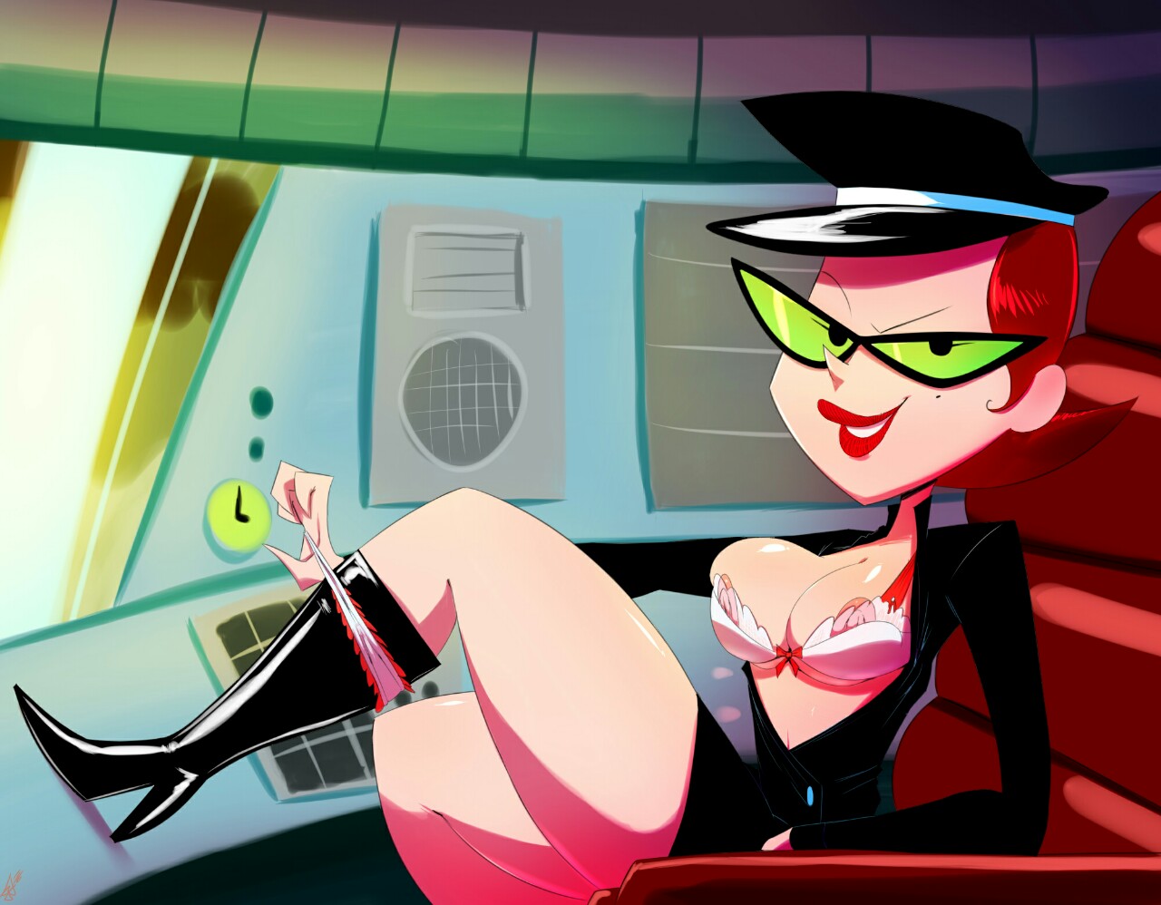 1girls, 2016, areolae, big breasts, black eyes, boots, bra, breasts, cartoon network, color, dexter's laboratory, female, female only, glasses, green-tinted eyewear, hair, hat, katka, legs, lips, lipstick, looking at viewer, open clothes, panties, red hair, red lipstick, shiny, shiny skin, short hair, sitting, smile, solo, sunglasses, thehumancopier, thick lips, thick thighs, tinted eyewear, white bra