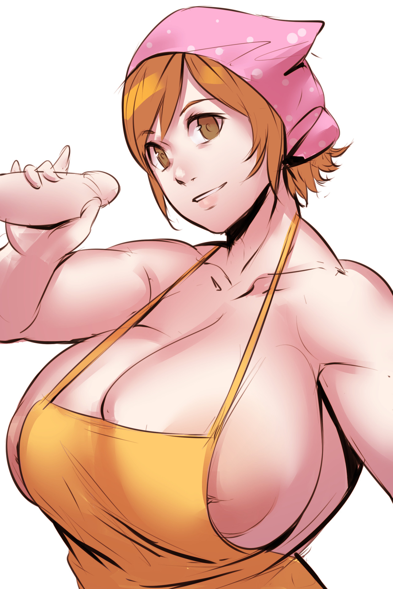 1girls, alternate breast size, apron, bandana, big breasts, boobs, breasts, brown eyes, brown hair, busty, cleavage, cooking mama, curvaceous, curvy, curvy body, curvy female, curvy figure, female, female focus, handjob, huge breasts, inverted nipples, large breasts, looking at viewer, male, mama (cooking mama), milf, mother, naked apron, natedecock, nip slip, nipple slip, nipples, short hair, simple background, smile, solo focus, straight, unseen male face, voluptuous, white background