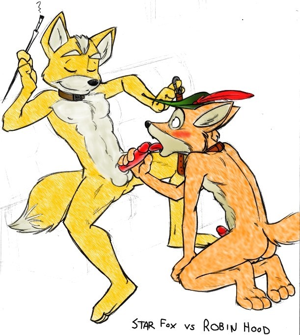 2boys abs anthro ass balls blush canine collar crossover disney erection fox fox_mccloud furry gay licking male male_only mammal nintendo nipples oral pecs penis poop_(artist) robin_hood_(character) robin_hood_(disney) slave smoking star_fox testicles tongue tongue_out yaoi