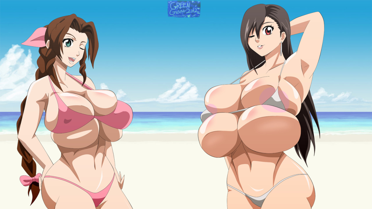 2girls, aerith gainsborough, beach, big breasts, bikini, black hair, breasts, brown hair, brunette, busty, curvy, female, final fantasy, final fantasy vii, gigantic breasts, green eyes, greengiant2012, hourglass figure, red eyes, straight hair, tifa lockhart, voluptuous, wink