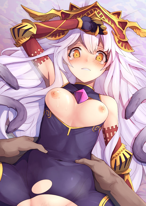 blush breasts breasts_out covered_navel female gauntlets granblue_fantasy hat implied_sex long_hair looking_at_viewer lying medium_breasts medusa_(shingeki_no_bahamut) nipples nishino_(waero) on_back shingeki_no_bahamut solo_focus tears torn_clothes yellow_eyes