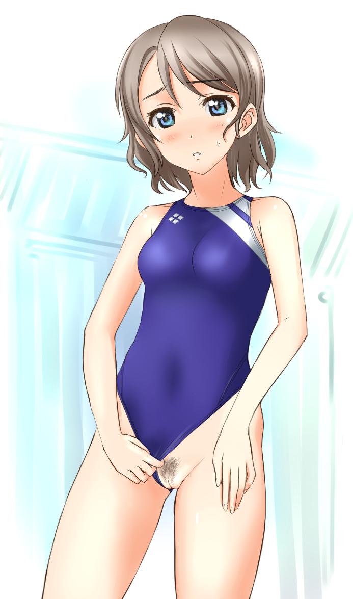 blue_eyes blush breasts brown_hair competition_swimsuit female looking_at_viewer love_live! love_live!_sunshine!! one-piece_swimsuit open_mouth parted_lips pubic_hair pussy short_hair solo sparse_pubic_hair standing sweatdrop swimsuit swimsuit_aside takafumi uncensored watanabe_you