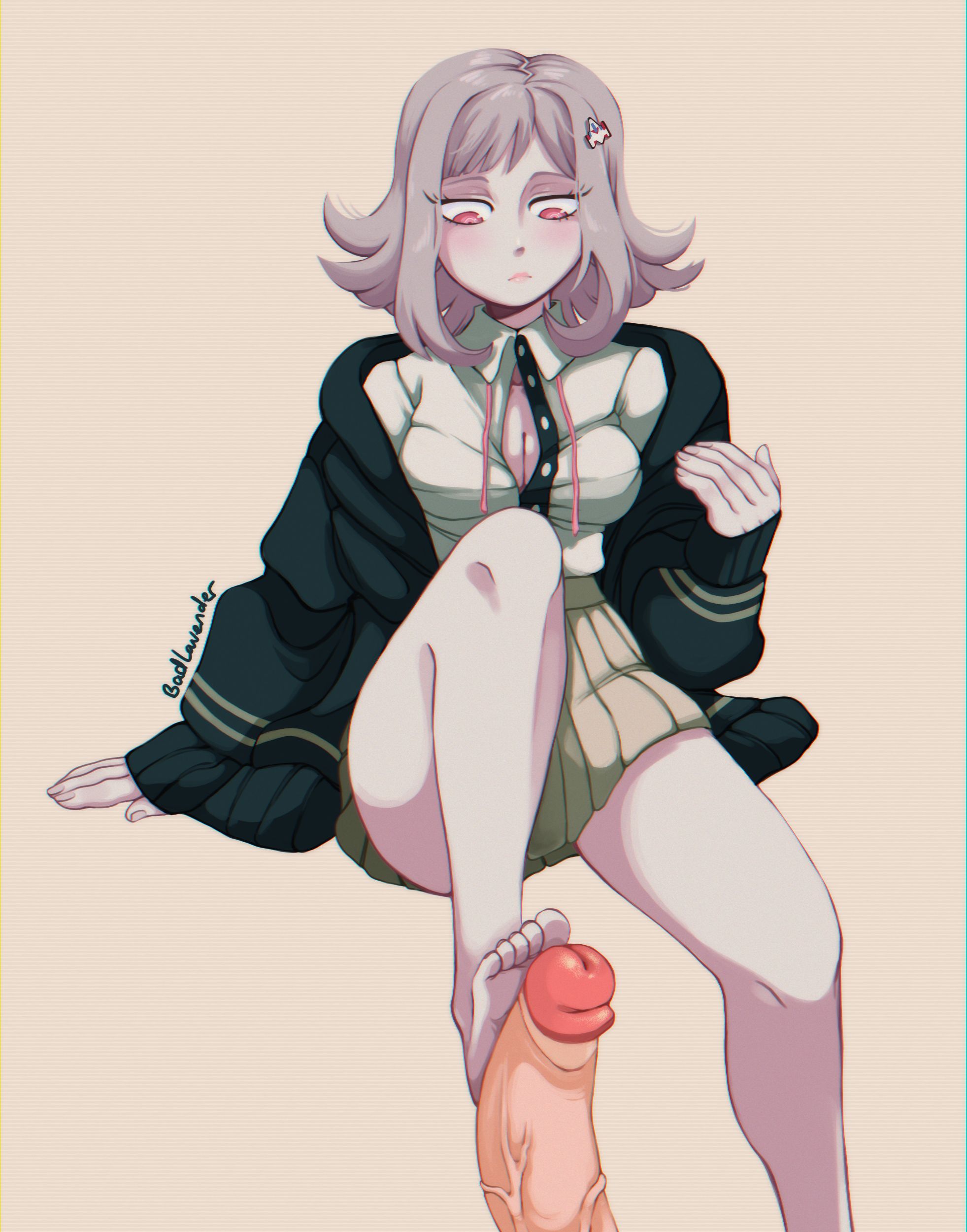 1boy, 1girls, badlavender, barefoot, blush, breasts, center opening, cleavage, danganronpa, danganronpa 2: goodbye despair, faceless male, female, footjob, hair ornament, highres, jacket, looking down, male, miniskirt, nanami chiaki, open clothes, open shirt, penis, pink eyes, short hair, simple background, skirt, smooth skin, solo focus, straight, super danganronpa 2, unbuttoned, veins