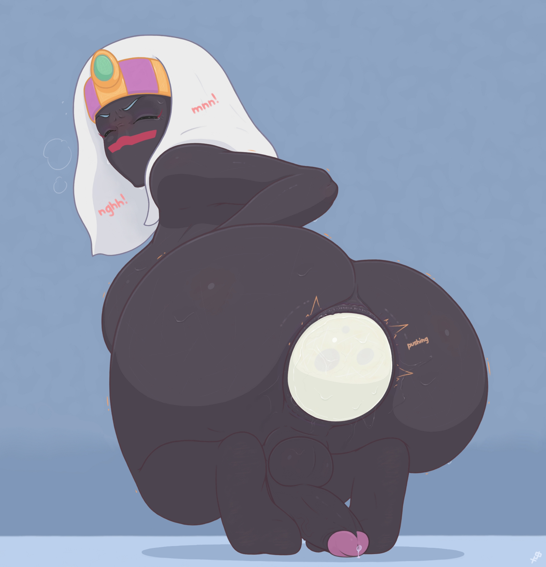 1futa, alien, anus, ass, ass juice, balls, black skin, blush, breasts, crouching, duck dodgers, egg, egg laying, feet, fugasvbashnyu, futa only, futanari, highres, huge ass, humanoid, intersex, looney tunes, nude, penis, precum, queen tyr'ahnee, sideboob, solo, text, warner brothers