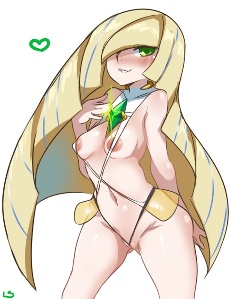 1girls, aether foundation, areolae, bikini, blonde hair, blue hair, breasts, clothing, female, female only, green eyes, human, lightsource, long hair, looking at viewer, lusamine (pokemon), midriff, navel, nintendo, nipples, pokemon, pokemon sm, pussy, smile, solo, spread legs, standing, text, wide hips
