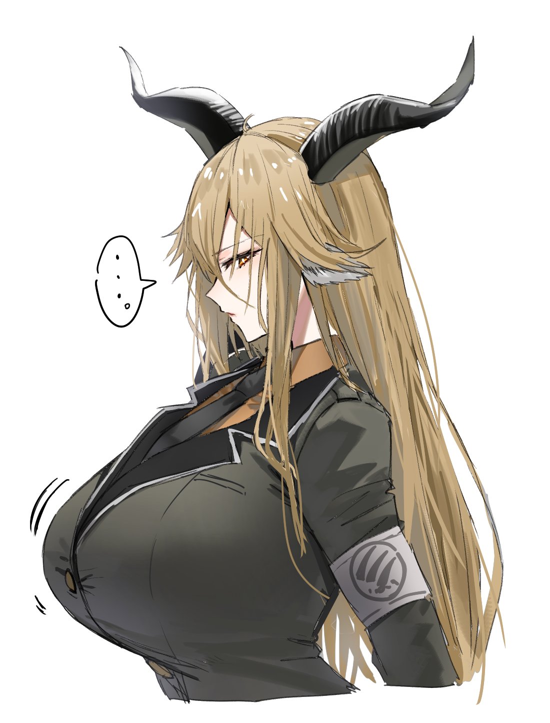 1girls, arknights, big breasts, blonde hair, breasts, degenbrecher (arknights), female, female focus, female only, horn/wood, horns, huge breasts, large breasts, light skin, light-skinned female, long hair, looking away, military, military jacket, military uniform, tagme, tight clothes, tight clothing, tights, yellow eyes