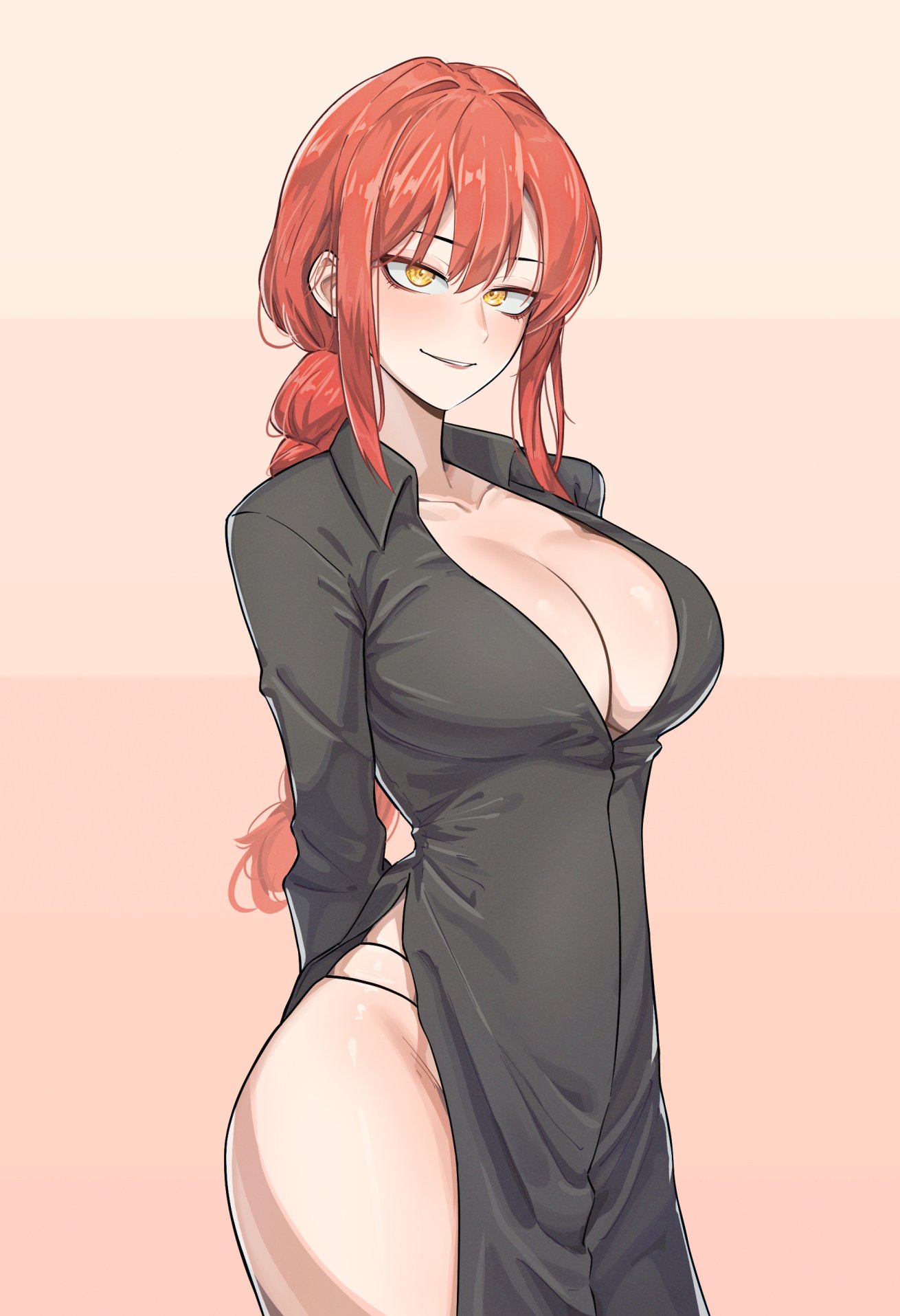 bare_thighs big_ass big_breasts blush blush braided_ponytail chainsaw_man dress long_hair looking_at_viewer makima_(chainsaw_man) nokaa_aru orange_eyes red_hair red_hair slim_waist smile smiling_at_viewer thick_hips thick_thighs tight_clothing wide_hips yellow_eyes