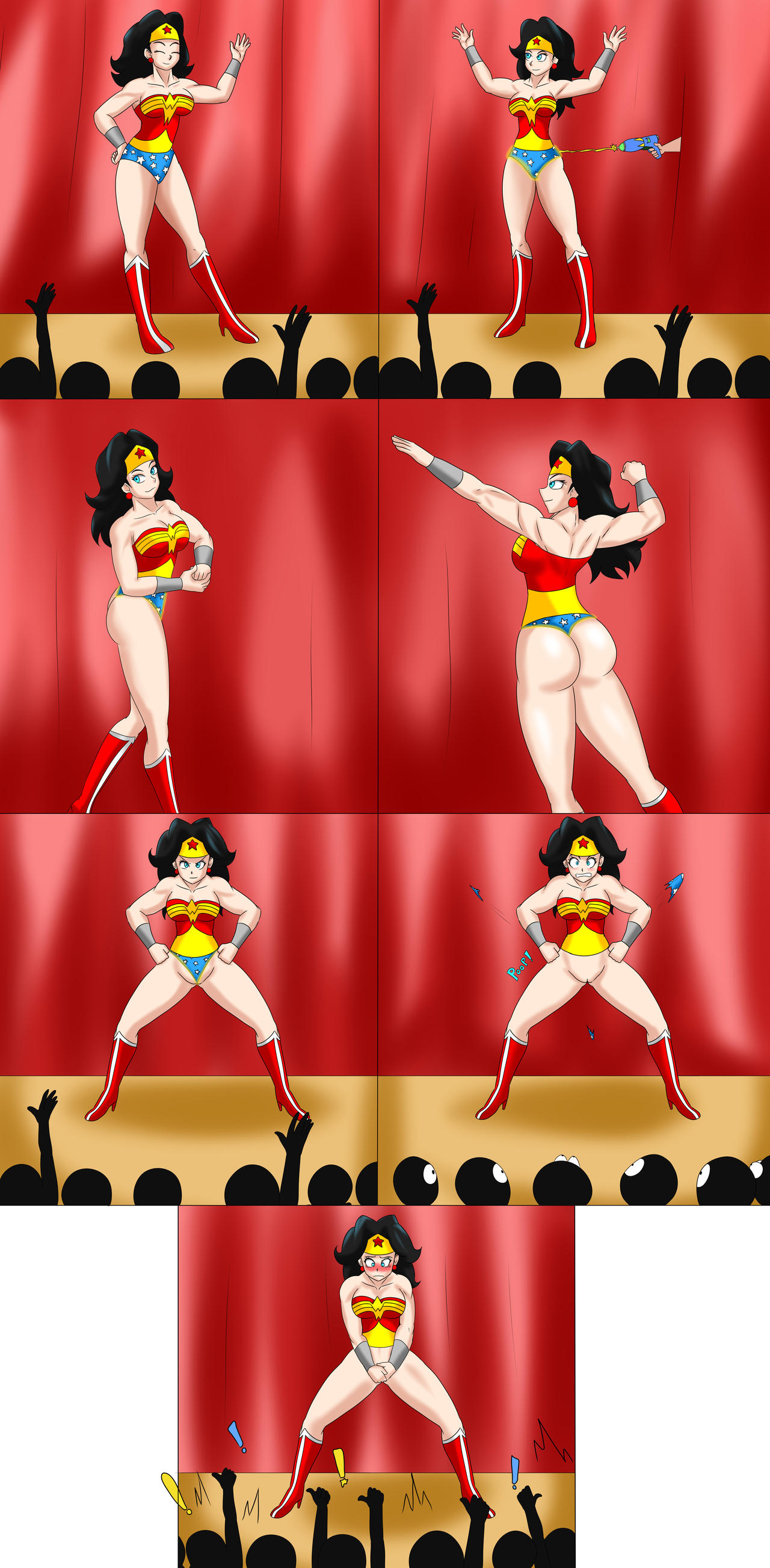 ass assisted_exposure bottomless bottomless_female dark_hair dc dc_comics diana_prince embarrassed embarrassed_nude_female enf flexing flexing_bicep flexing_both_biceps ill_fitting_clothing muscular muscular_female pussy shrinking_clothes sodaska superheroine thong tiara wardrobe_malfunction wonder_woman wonder_woman_(series)