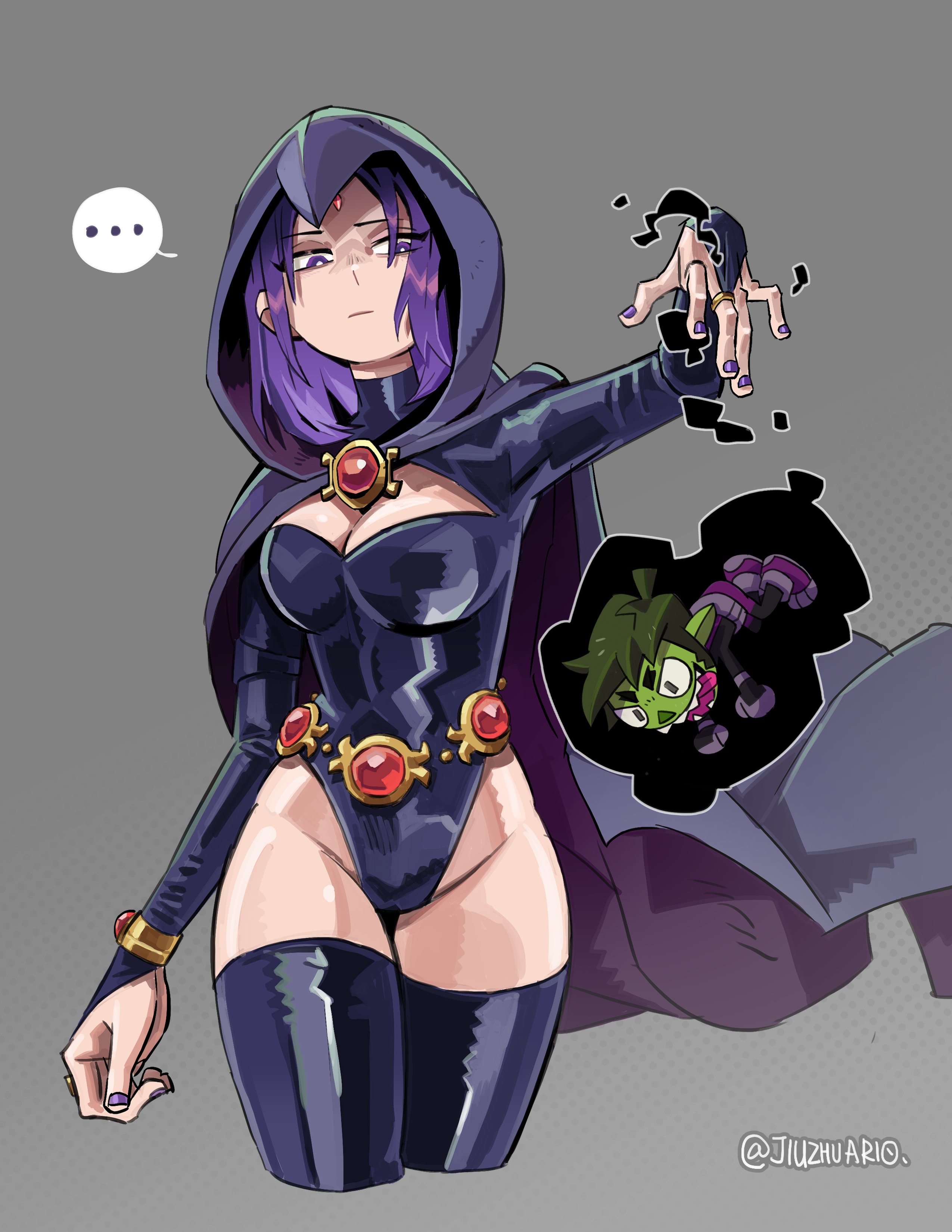 ..., 1girls, beast boy, breasts, dc, dc comics, female, female focus, garfield logan, green plushie, hair, leotard, magic, medium breasts, pale skin, plushie, purple eyes, purple fingernails, purple hair, rachel roth, raven (dc), short hair, solo, solo female, tagme, teen titans, thick thighs, thighs, tight clothing