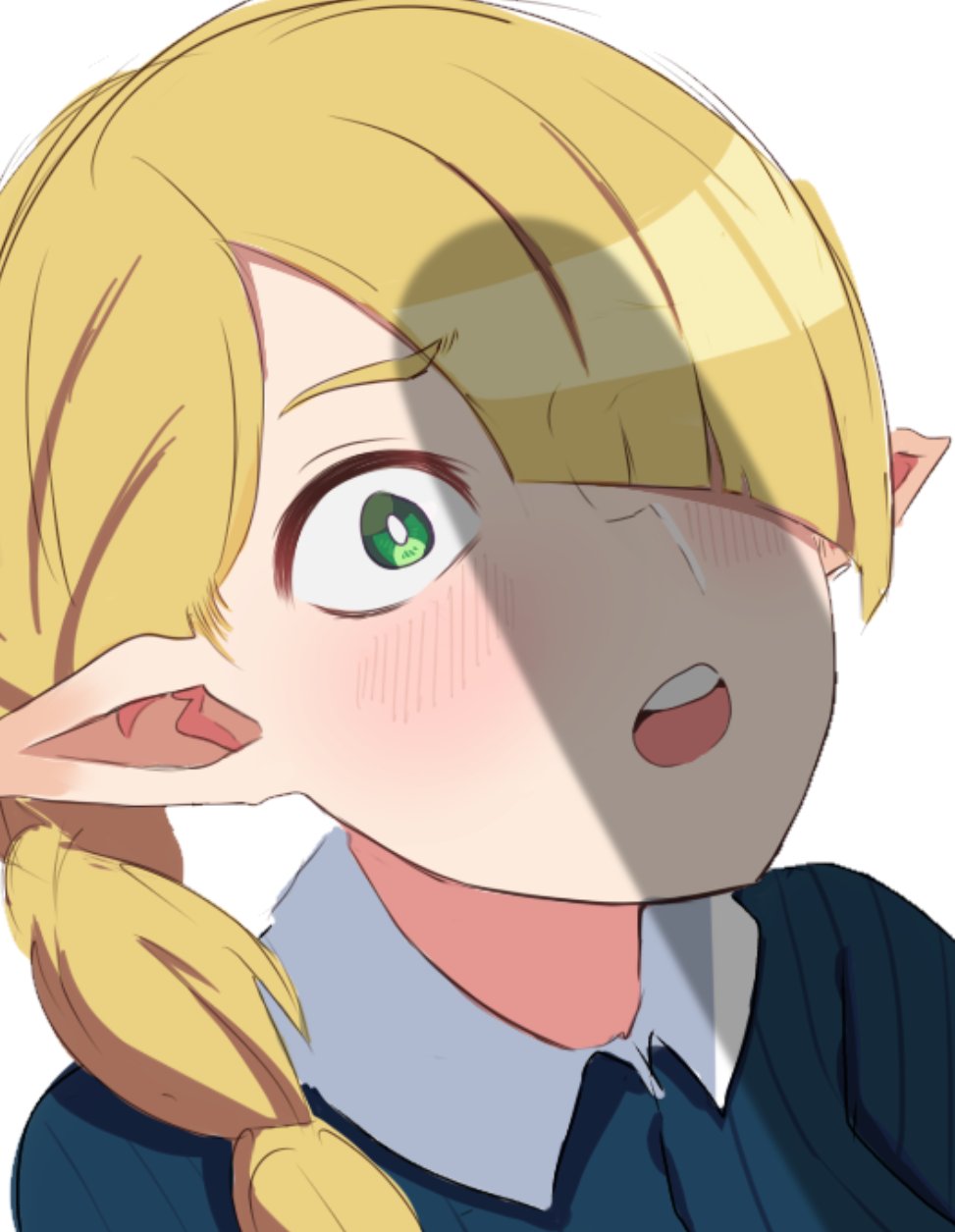 :o alaniz_(lafertealanis) black_sweater blonde_female blonde_hair blush braid collared_shirt copyright_request elf elf_ears elf_female female green_eyes highres penis_awe penis_shadow pointy_ears shirt simple_background solo sweater teeth upper_body upper_teeth_only white_background