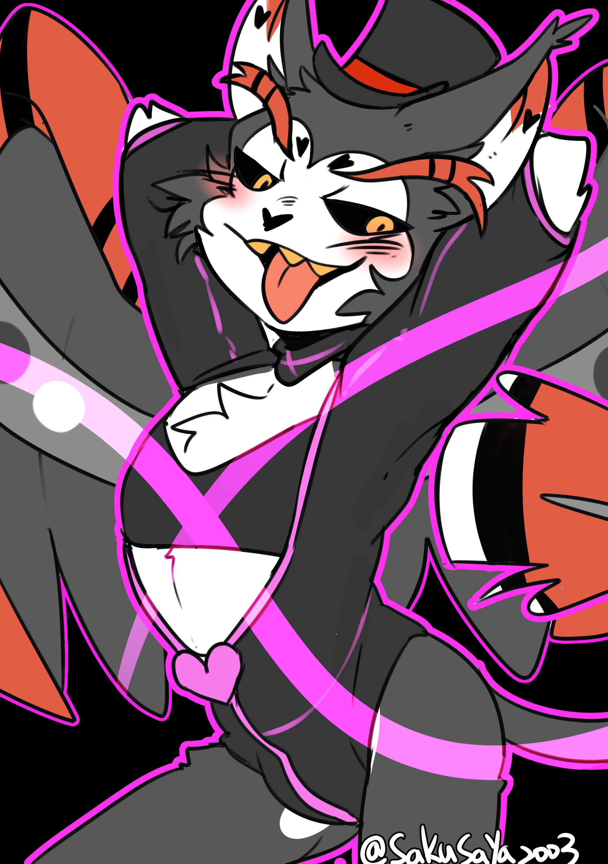 1boy, anthro, black fur, black sclera, blush, bulge, clothed, feline, feminine male, feminine pose, furry, hazbin hotel, husk (hazbin hotel), lingerie, male, male only, saku1saya, sharp teeth, suggestive, suggestive look, tight clothing, tongue, tongue out, top, topwear, wings, yellow eyes