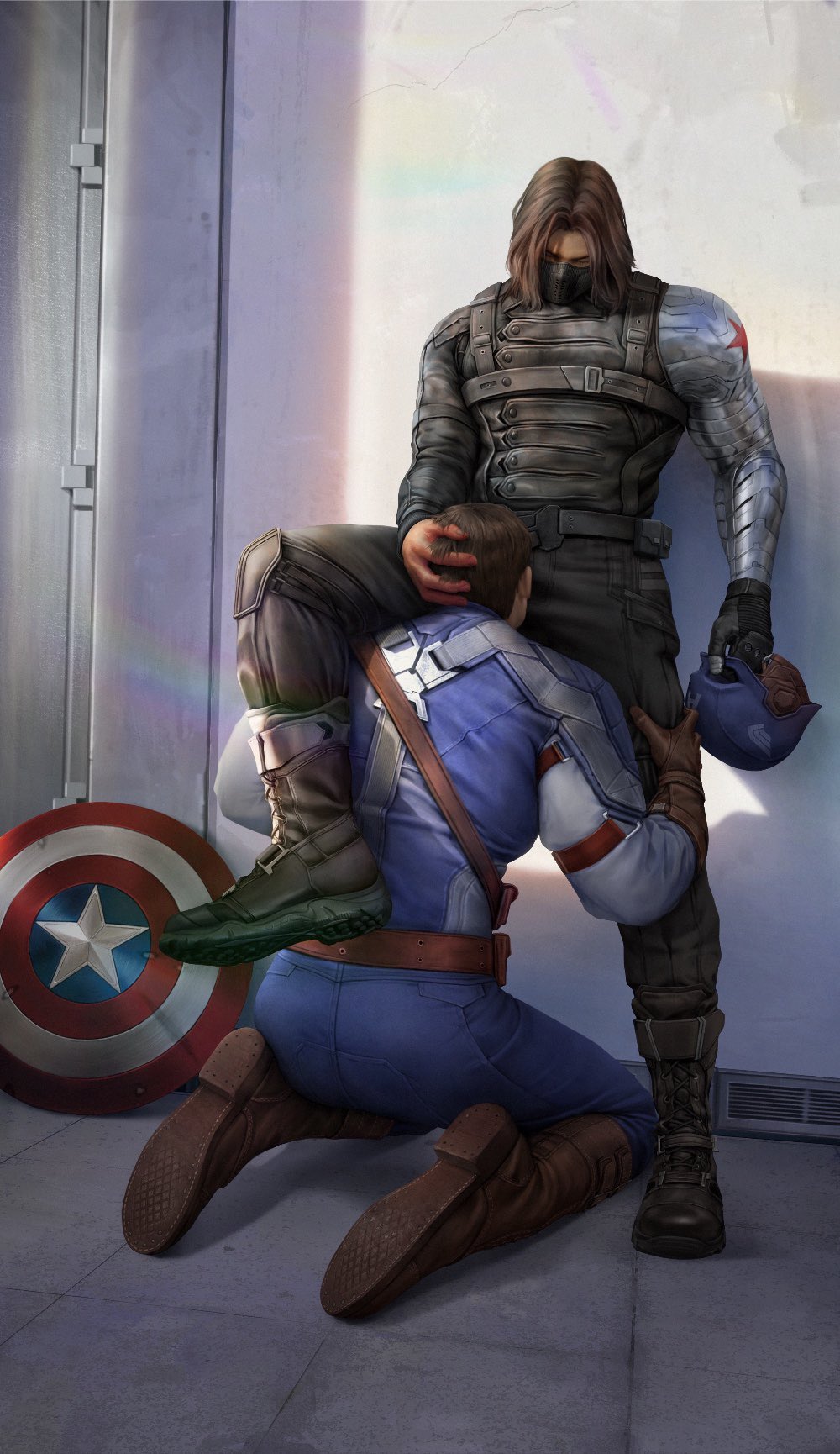 2boys 2humans beefy boots brown_hair bucky_barnes captain_america captain_america's_shield captain_america:_the_winter_soldier captain_america_(series) clothed_sex cyjmytf daddy fellatio fraternity gay gay_sex human human_only kneeling kneeling_oral_position light-skinned_male light_skin lust male male/male male_focus male_only manly marvel marvel_cinematic_universe masked_male medium_hair passionate shield steve_rogers superhero superhero_costume tough_guy winter_soldier yaoi