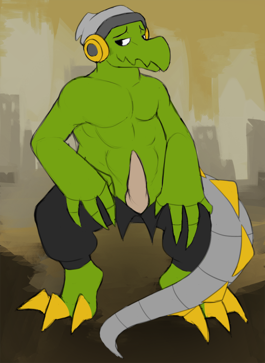 1boy anthro clothing crocodile crocodilian headphones latch lethal_league male male_only penis reptile scalie see-saw solo