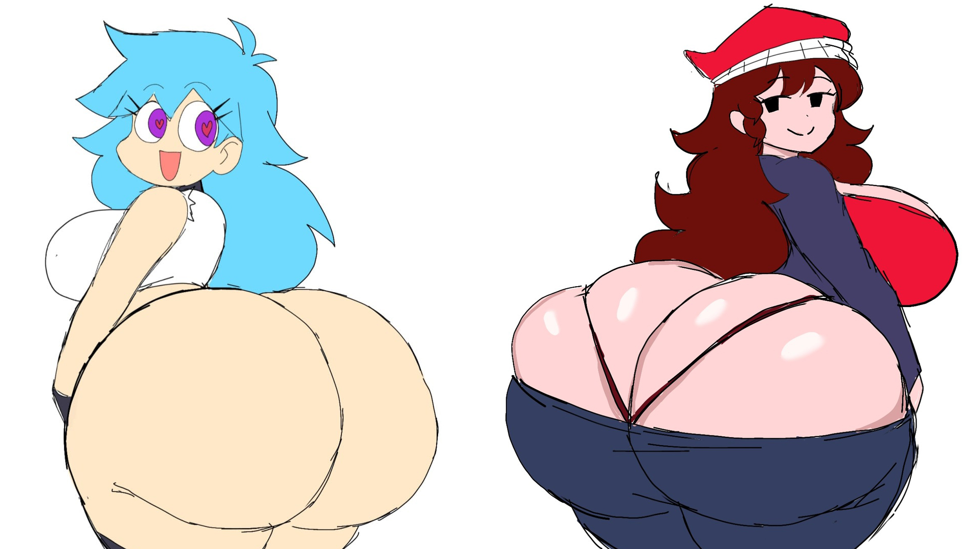 2girls, ass, ass bigger than head, ass cleavage, ass crack, ass focus, ass window, backboob, big breasts, boob window, breasts, butt crack, casual, casual nudity, clothed, edit, female, female only, friday night funkin, friday night funkin mod, girlfriend (friday night funkin), huge ass, lullaby girlfriend (fnf), momiji (artist), multiple females, multiple girls, no bra, sideass, sky (friday night funkin), skyblue, skyverse, teasing