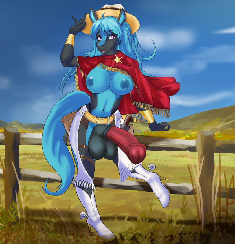 akeno_(itsnafulol) animal_genitalia animal_penis anthro balls belt big_breasts big_penis black_body black_fur blue_body blue_fur blue_hair blue_nipples boots bottomwear breasts buckle clothing cowboy_boots cowboy_hat cuffs_(clothing) curvy_figure cutoffs damn_lasso_tool denim denim_bottomwear denim_clothing equid equine equine_genitalia equine_penis exposed_breasts female fence footwear fur futanari genitals gun gynomorph hair handgun hat headgear headwear high_heeled_boots high_heels holster horse huge_cock intersex mammal mountain nipples one_leg_up penis pink_eyes poncho raised_leg ranch ranged_weapon revolver shorts smile solo star tail thick_thighs third-party_edit weapon wide_hips