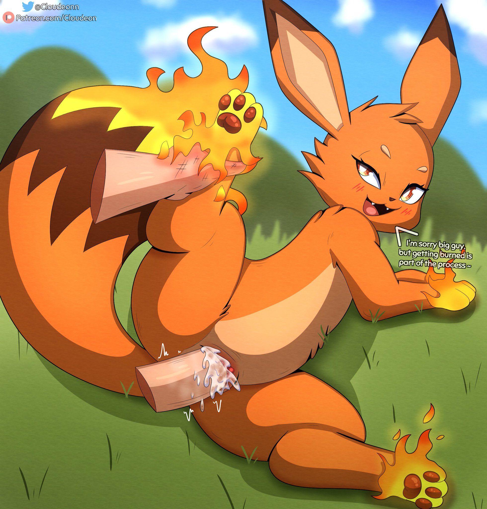 1boy, 1girls, burn scar, cloudeonn, cum, cum in pussy, cum inside, cum overflow, female, feral, feral on male, fox, foxparks, human, male, pal (species), palphilia, palworld, penetration, size difference, text
