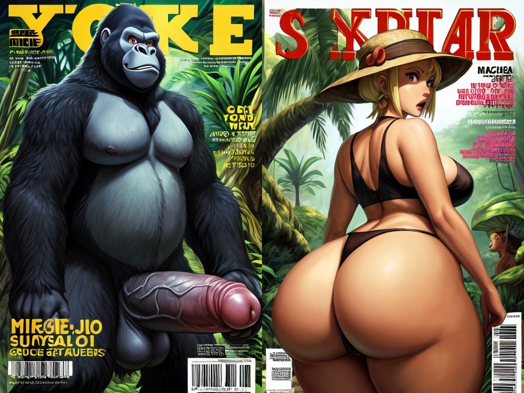 ai_generated big_ass big_cock blonde_female fat_ass gorilla interspecies jungle kong magazine_cover milf monkey pawg zoophilia