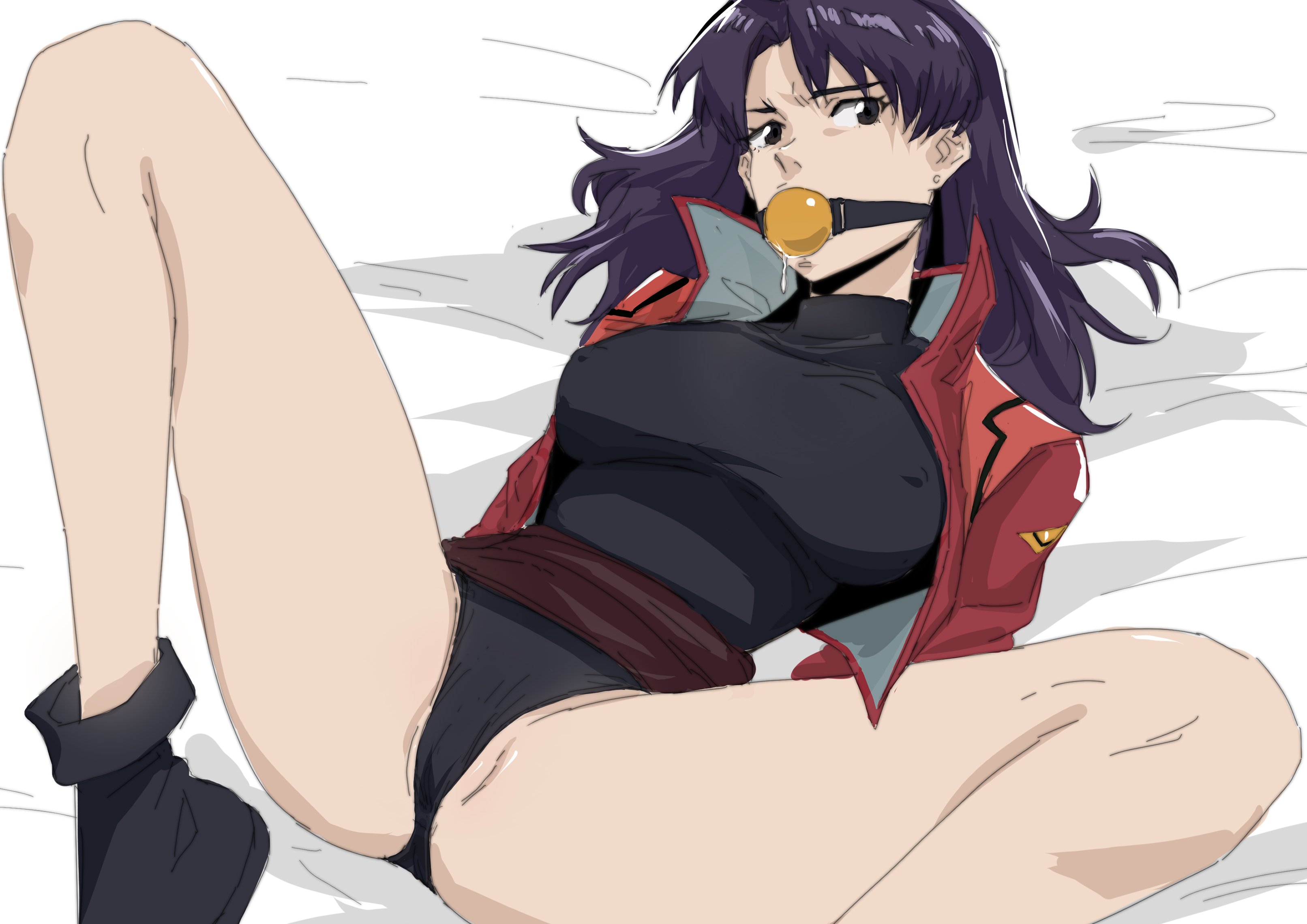 1girls, absurd res, ball gag, bdsm, black eyes, bondage, breasts, cameltoe, female, hi res, large breasts, leotard, looking at viewer, lying, minuranakatawa, misato katsuragi, neon genesis evangelion, nipples visible through clothing, on back, purple hair, pussy, solo, spread legs