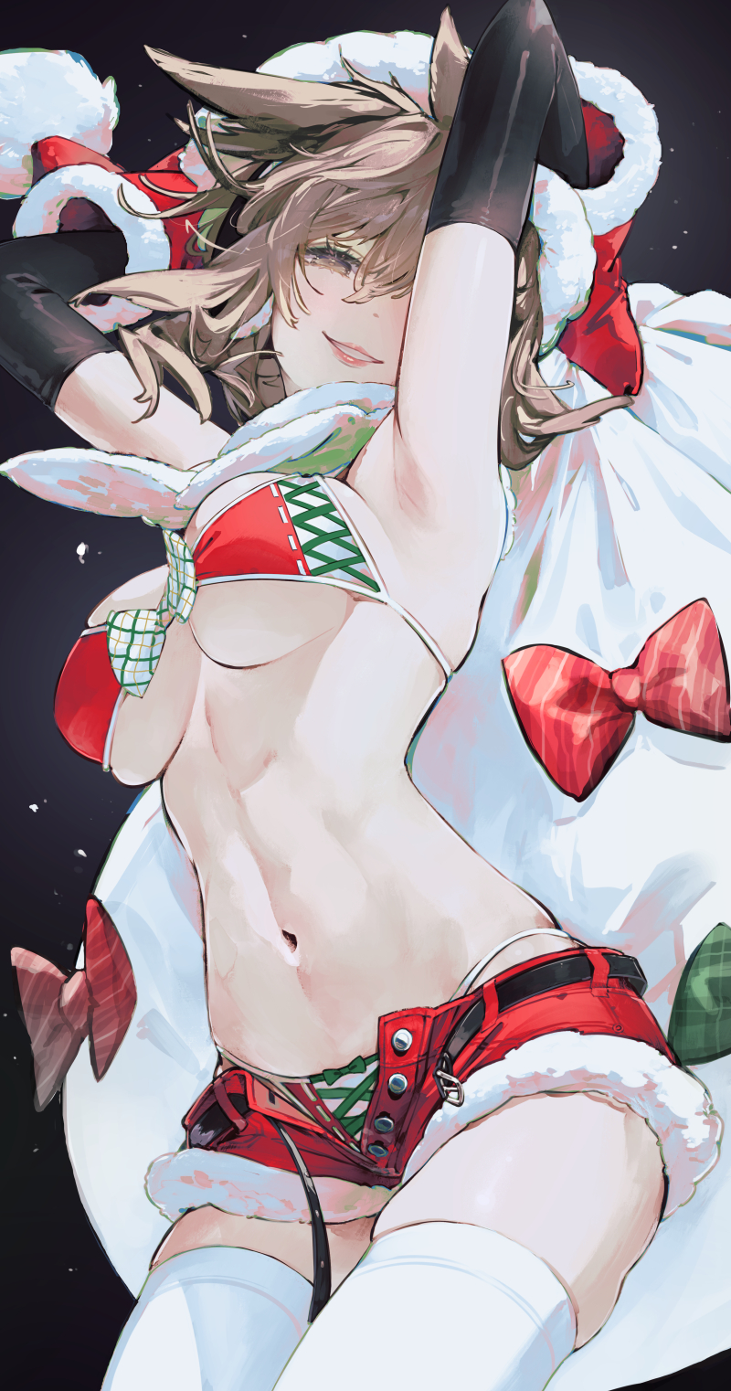 armpits arms_up bare_shoulders bikini black_gloves brown_eyes brown_hair commentary_request cowboy_shot elbow_gloves female gloves grin head_tilt highres looking_at_viewer navel pink_lips pointy_hair red_bikini red_shorts sack short_shorts shorts smile solo standing stomach swimsuit syuri22 thighhighs thighs touhou toyosatomimi_no_miko white_thighhighs