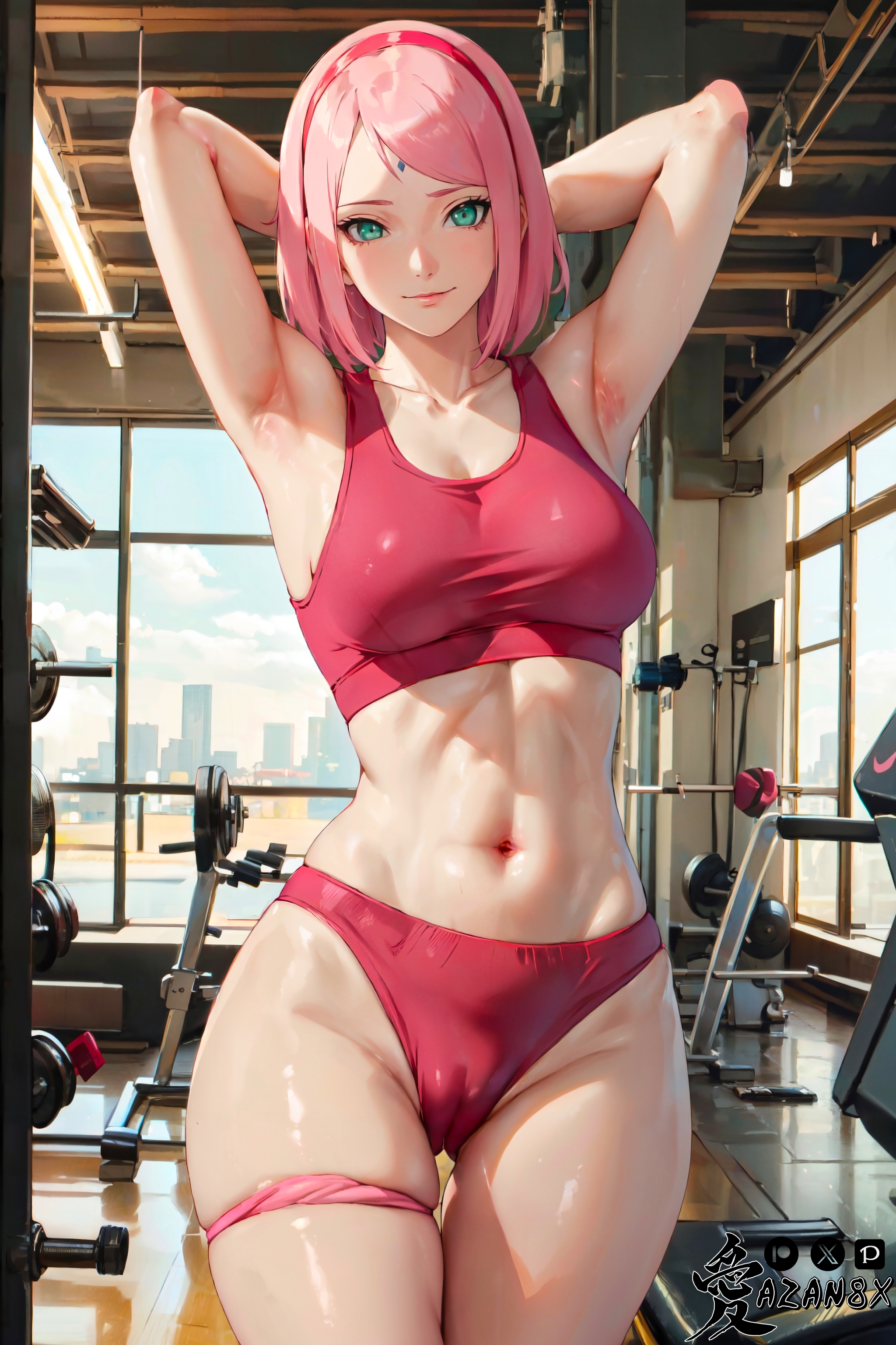 1girls, adapted costume, ai generated, alternate costume, armpits, arms behind head, arms up, artist name, athletic, athletic female, azanx8, bare legs, bare midriff, bare shoulders, bare thighs, bloomers, blush, boruto: naruto next generations, crop top, female, female only, fit, fit female, green eyes, gym, gym uniform, indoors, light skin, light-skinned female, long hair, looking at viewer, mature, mature female, midriff, milf, nai diffusion, naruto, naruto (series), patreon username, petite, pink hair, pinup, pixiv username, revealing clothes, sakura haruno, skimpy, skimpy clothes, smile, solo, solo focus, sports bra, stable diffusion, thick thighs, thighs, toned, toned female, twitter username, url, watermark, web address, workout, workout clothes
