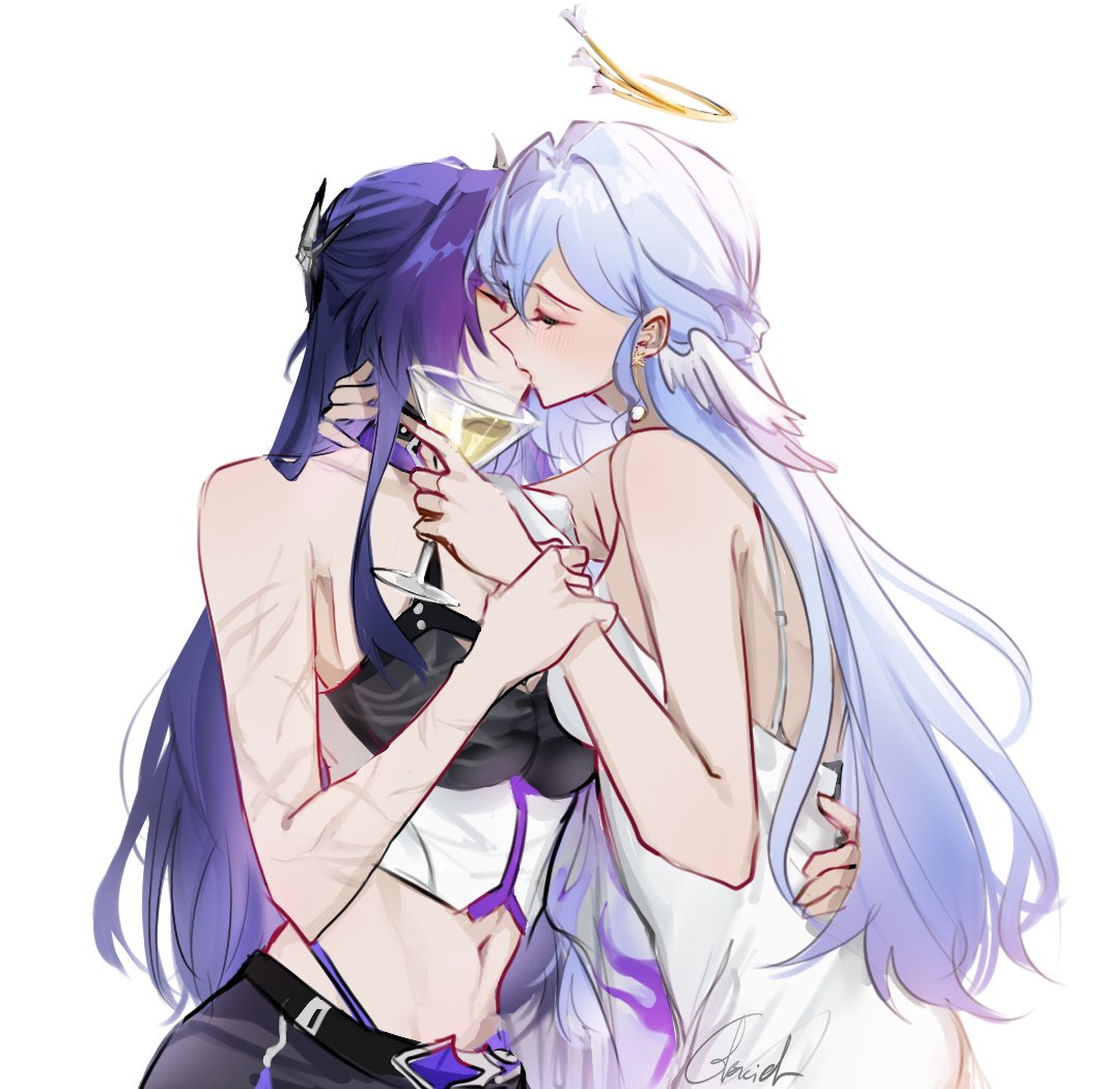 2girls, acheron (honkai: star rail), alcohol, black hair, breasts, drunk, female, female focus, female only, femdom, glaciel0602, halo, honkai (series), honkai: star rail, kissing, lesbian kiss, light skin, light-skinned female, long hair, medium breasts, pressed together, robin (honkai: star rail), silver hair, tagme, yuri