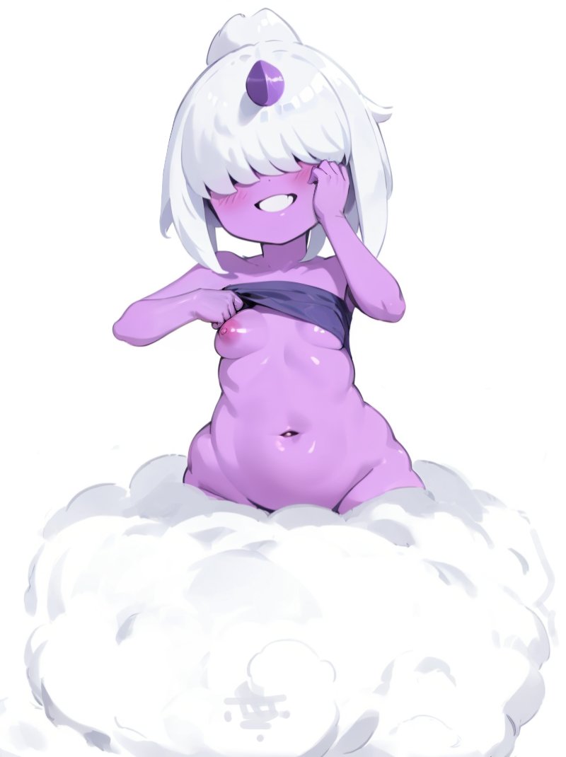 ai_assisted areola blush breasts dazzi_(pal) female female_only hidden_eyes looking_at_viewer nipples pal_(species) palworld ponytail purple_body raijin_daughter small_breasts smaller_female smile smiling smiling_at_viewer solo tagme thick_hips thighs ttt_ia23 white_hair