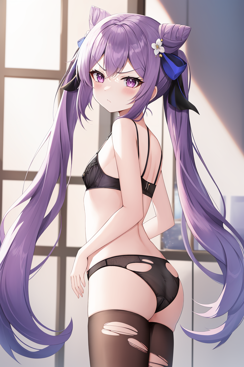 2024 ai_generated ass bangs bare_shoulders black_bra black_panties black_thighhighs blush bra breasts closed_mouth cone_hair_bun cowboy_shot female flower from_behind from_side hair_between_eyes hair_bun hair_flower hair_ornament hair_ribbon high_resolution highres keqing_(genshin_impact) long_hair looking_at_viewer original panties phalzu purple_eyes purple_hair ribbon self_upload small_breasts solo standing thighhighs torn_clothes torn_thighhighs twintails underwear underwear_only v-shaped_eyebrows very_long_hair white_flower window