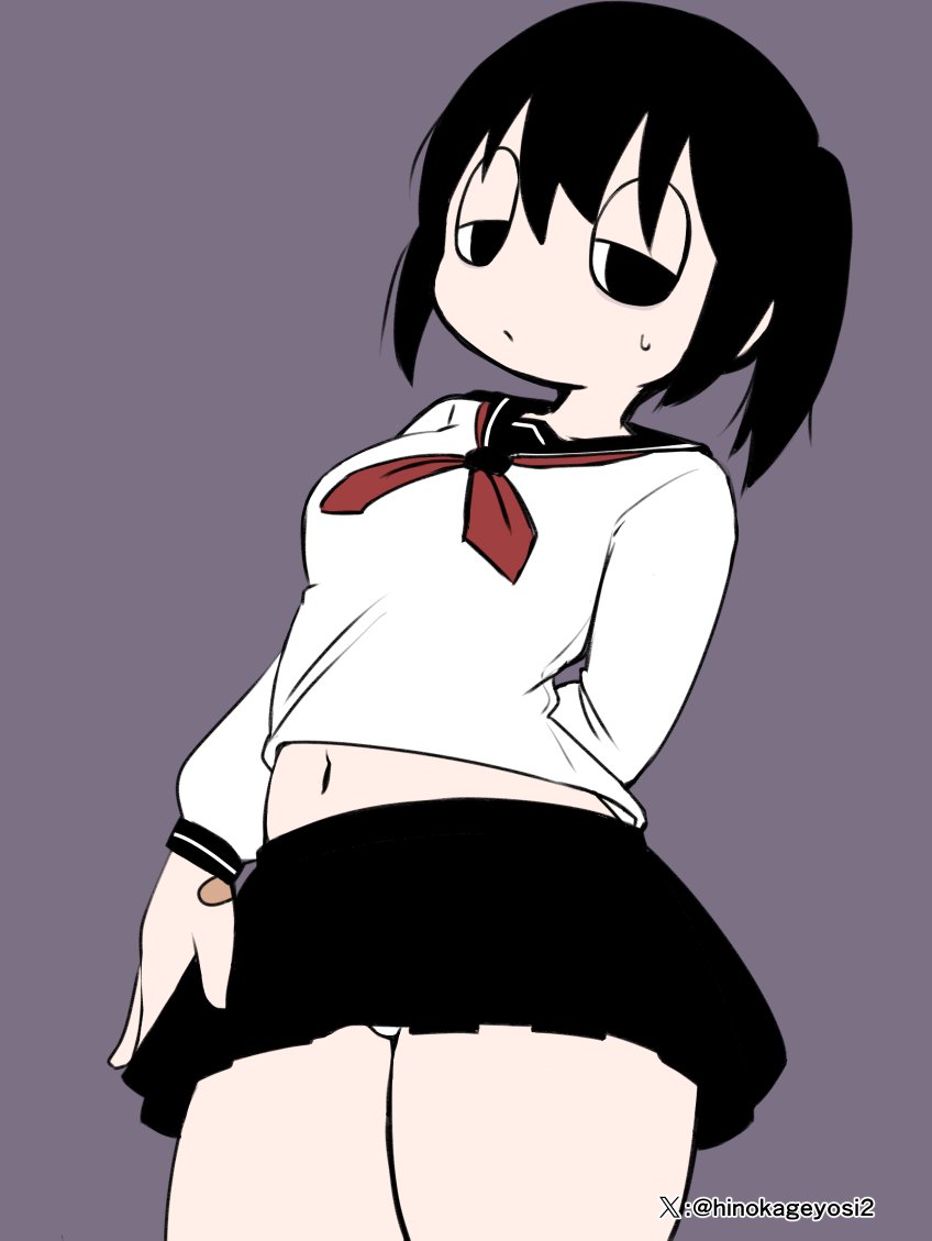 bandaid belly_button black_skirt chibi_style explosionpsycho hasami_haguruma hinekageyosi2 low-angle_view makino_nono miyazero panties_showing sailor_uniform skirt sweatdrop thighs thighs_bigger_than_head twintails white_panties 歯車ハサミ