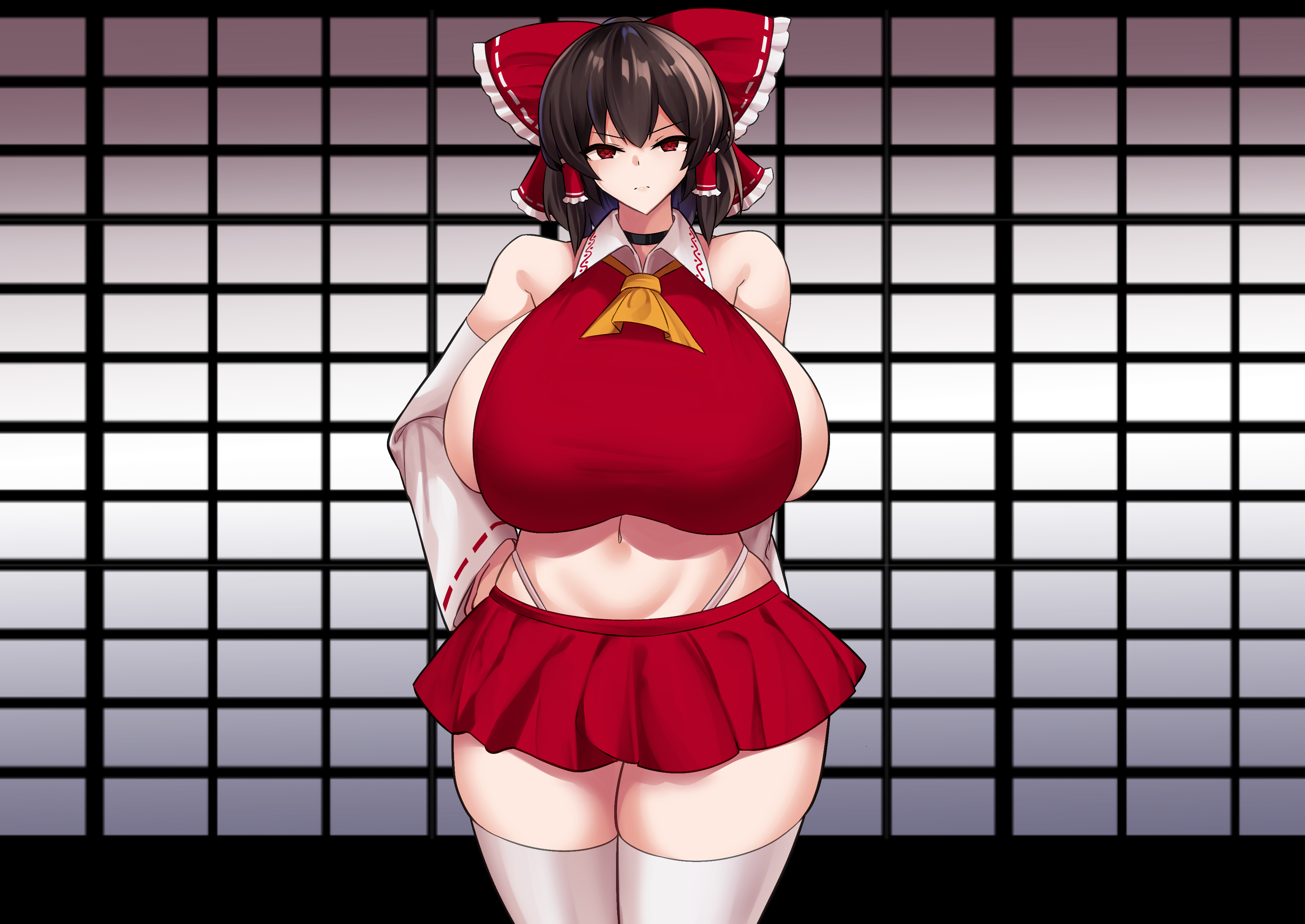 1girls, alternate breast size, annoyed, beautiful woman, breasts, brown hair, female, female only, hair ribbon, hand on own hip, heavenly body, highres, huge breasts, japanese clothes, legs, looking at viewer, mature woman, midriff, miko, miniskirt, navel, pleated miniskirt, pleated skirt, pose, posing, red eyes, red miniskirt, reimu hakurei, ribbon, sensual, short skirt, sideboob, sinkai, skirt, solo, thick thighs, thighs, thong, thong above skirt, touhou