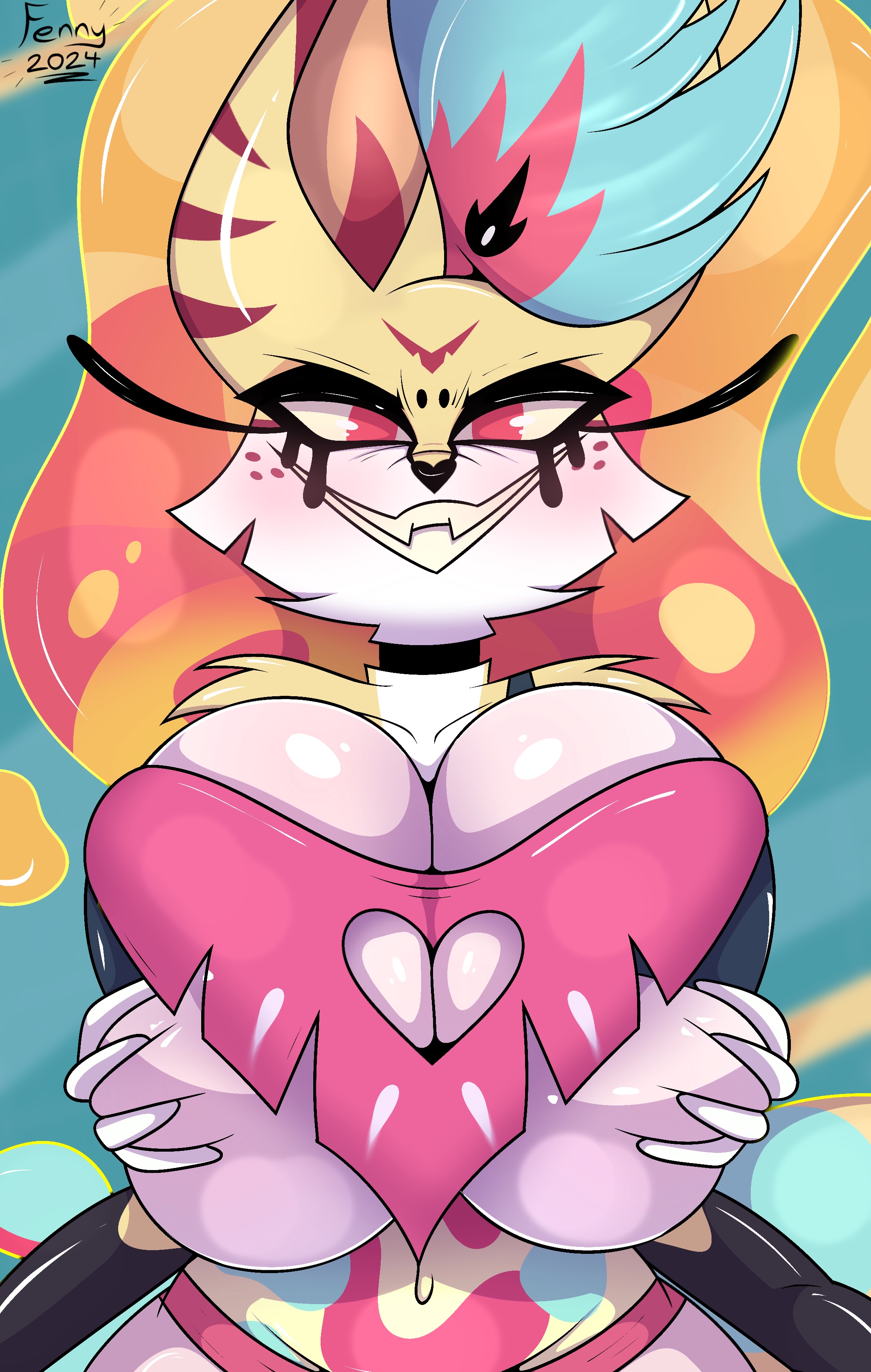 anthro, arthropod, bee, big breasts, black choker, black nose, blue hair, breasts, canid, canine, choker, clothing, demon, demon girl, demoness, eyelashes, female, female only, fennythefox, fox, fox girl, fur, hair, helluva boss, huge breasts, hybrid, insect girl, insects, large breasts, looking at viewer, mammal, pink eyes, queen bee-lzebub (helluva boss), smile, top heavy, wide hips, yellow body, yellow fur, yellow sclera