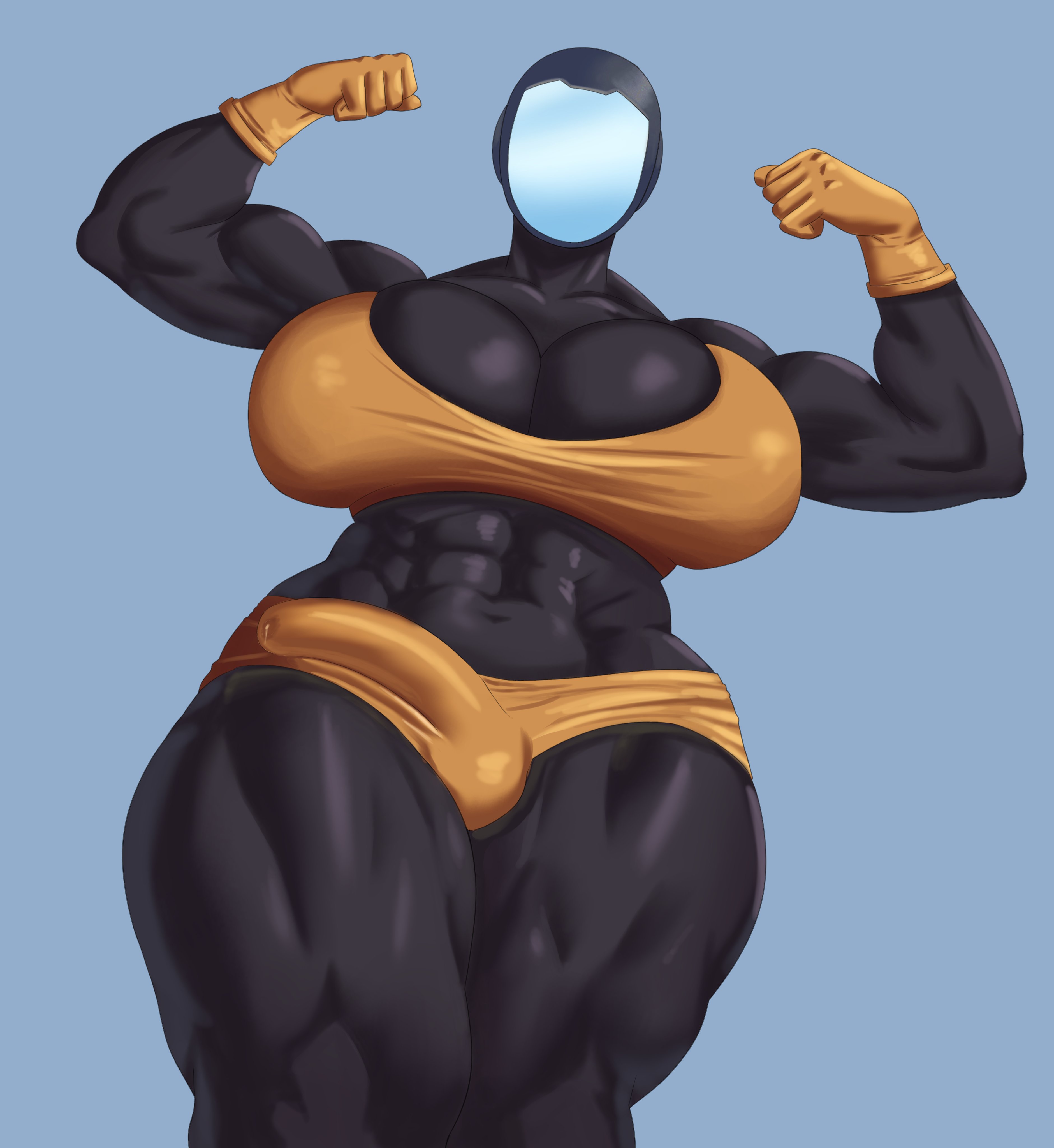 1futa, abs, balls, big breasts, big penis, black body, breasts, bursting breasts, clothed, clothing, erection, erection under clothes, female, futa only, futanari, goldcrustedchicken, helmet, huge breasts, humanoid, intersex, loader (risk of rain), mostly nude, muscular, muscular futa, penis, precum through clothing, risk of rain, solo, standing, thick thighs, tight clothing, tomboy