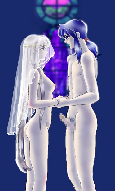 aozora_kyuuji ass blue_eyes blue_hair breast bridal_veil censored circlet female fire_emblem fire_emblem:_genealogy_of_the_holy_war gift_art hair_tie half_siblings hand_holding incest julia_(fire_emblem) male nipple nude penis pubic_hair seliph_(fire_emblem) seliph_baldos_chalphy silver_hair stained_glass standing straight