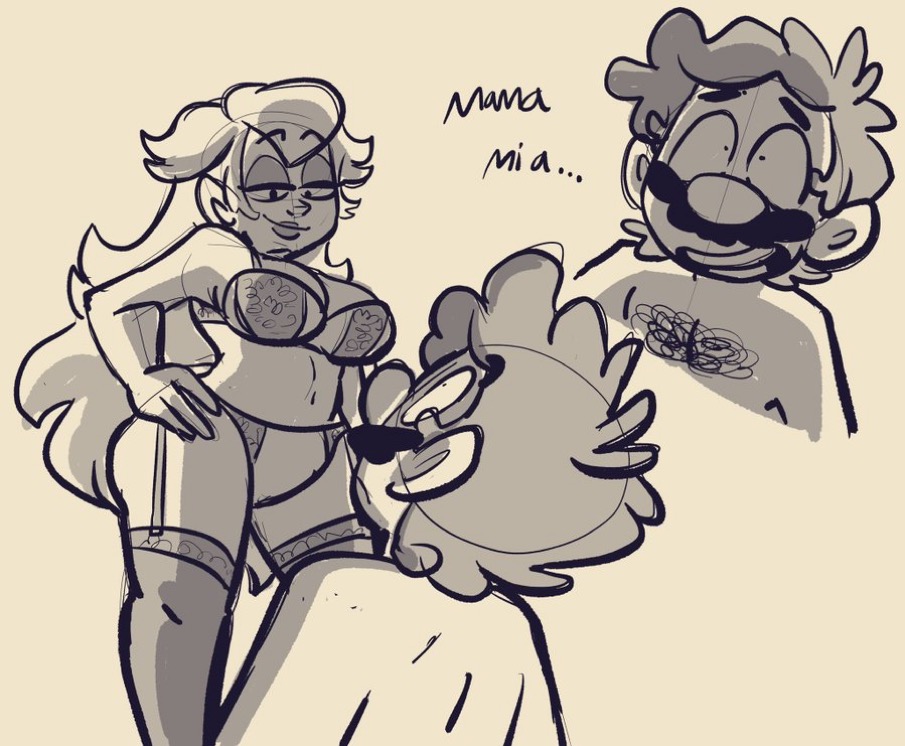 1boy 1girls female ilikeluigibooty lingerie long_hair male male_and_female_focus mario mario_(series) nintendo princess_peach shirtless shirtless_male shocked shocked_expression smiling_at_partner smirk smirking_at_partner straight tagme