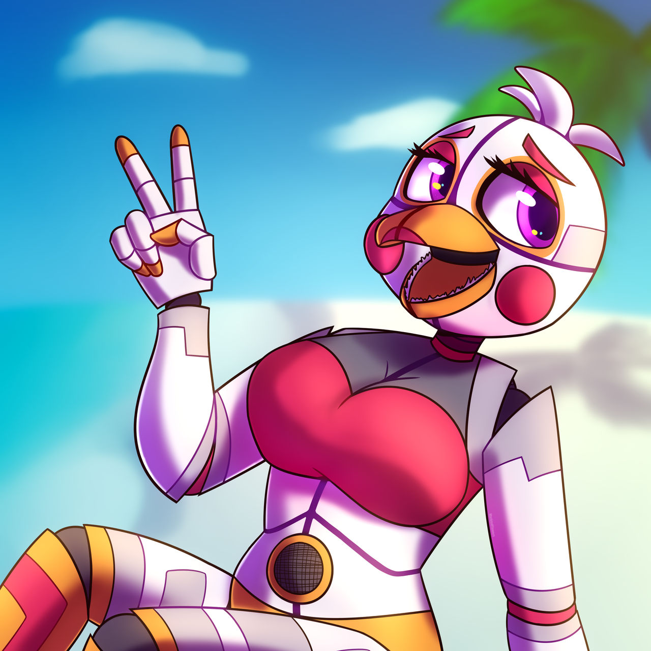 avian beach bird breasts cleavage curvy eyelashes five_nights_at_freddy's fnaf freddy_fazbear's_pizzeria_simulator funtime_chica_(fnaf) hourglass_figure large_breasts marbleflowers mesh mesh_top midriff palm_tree sharp_teeth v voluptuous voluptuous_female