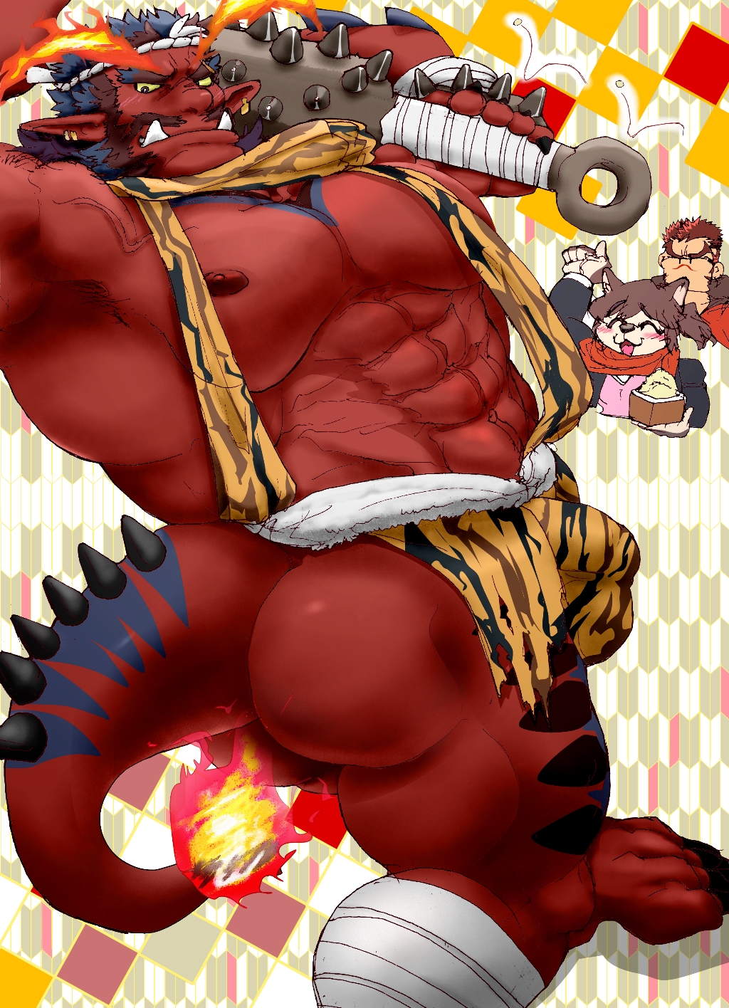 abs akashi_(live_a_hero) anthro ass astar big_bulge bottomwear bulge claws clothing club demon detailed_bulge dorayakich facial_hair group hi_res human humanoid humanoid_pointy_ears lifewonders live_a_hero loincloth male mammal muscular muscular_humanoid nipples pecs red_body setsubun spiked_club trio