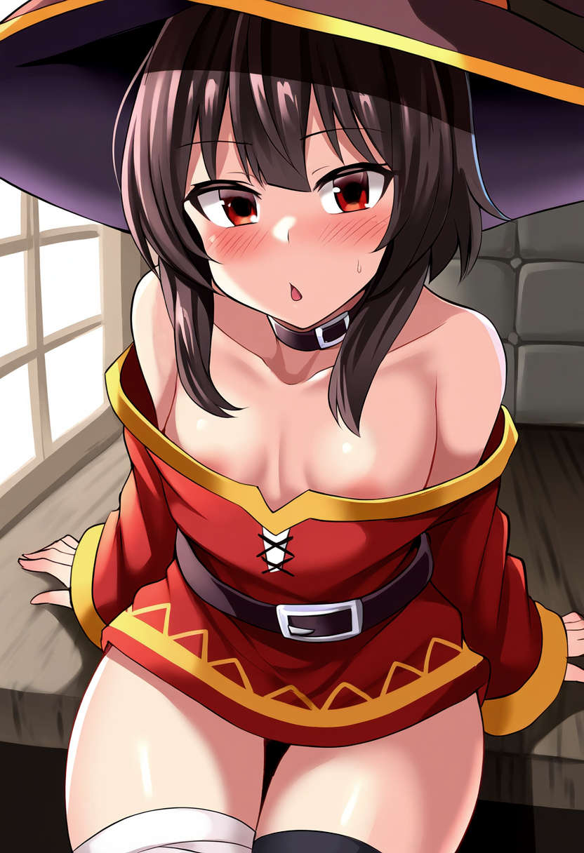 1girls, ai generated, areola slip, areolae, bare shoulders, blush, breasts, choker, cleavage, female, indoors, kono subarashii sekai ni shukufuku wo!, legwear, looking at viewer, megumin, no bra, open mouth, red eyes, short hair, sitting, sitting on table, small breasts, solo, thighs, witch hat