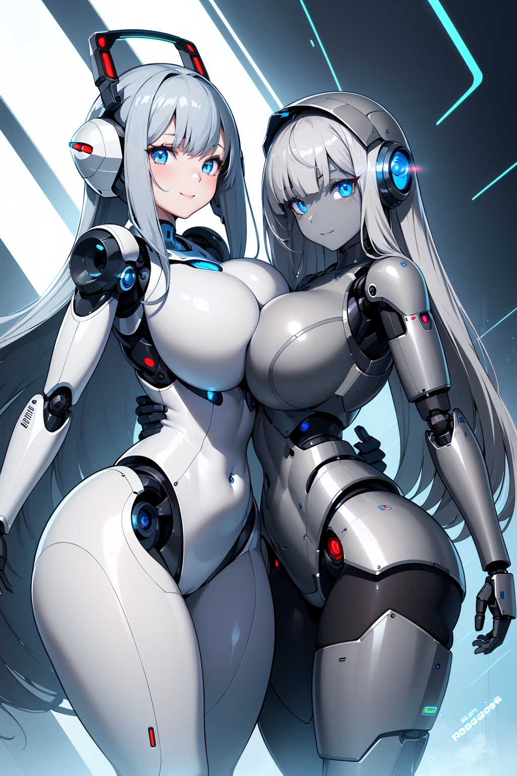 2girls ai_generated big_breasts blue_eyes blue_hair curvy gray_body gray_hair headphones highres hugging lighting long_hair ponceai poncedart robot robot_ears robot_girl robot_humanoid robot_joints robotic robotic_arm side_to_side simple_background smiling smiling_at_viewer thick_ass thick_thighs twitter_username violet_hair white_body