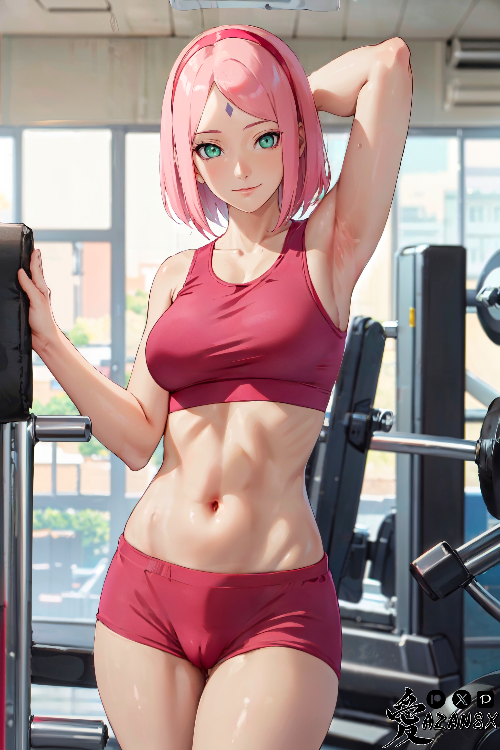 1girls, adapted costume, ai generated, alternate costume, arm behind head, arm support, arm up, armpits, artist name, athletic, athletic female, azanx8, bare legs, bare midriff, bare shoulders, bare thighs, bloomers, blush, boruto: naruto next generations, cameltoe, crop top, female, female only, fit, fit female, green eyes, gym, gym uniform, indoors, light skin, light-skinned female, long hair, looking at viewer, mature, mature female, midriff, milf, nai diffusion, naruto, naruto (series), one arm up, patreon username, petite, pink hair, pinup, pixiv username, pussy, revealing clothes, sakura haruno, skimpy, skimpy clothes, smile, solo, solo focus, sports bra, stable diffusion, toned, toned female, twitter username, url, watermark, web address, workout, workout clothes