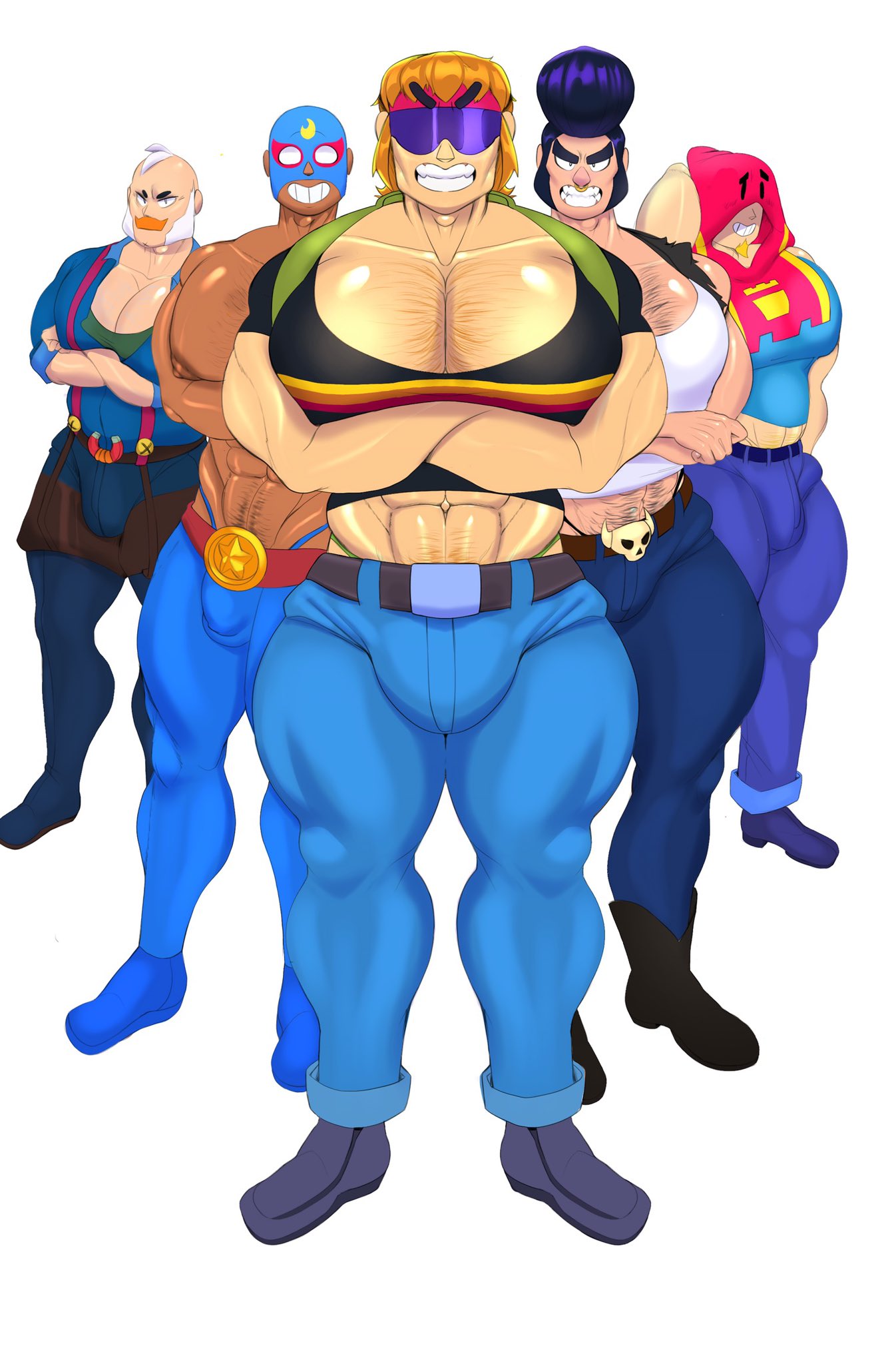 5boys bara big_bulge big_chest big_pecs brawl_stars bulge bull_(brawl_stars) buster_(brawl_stars) bxttons el_primo_(brawl_stars) flaccid grom_(brawl_stars) huge_chest male male_cleavage male_only muscular musuclar_male sam_(brawl_stars)