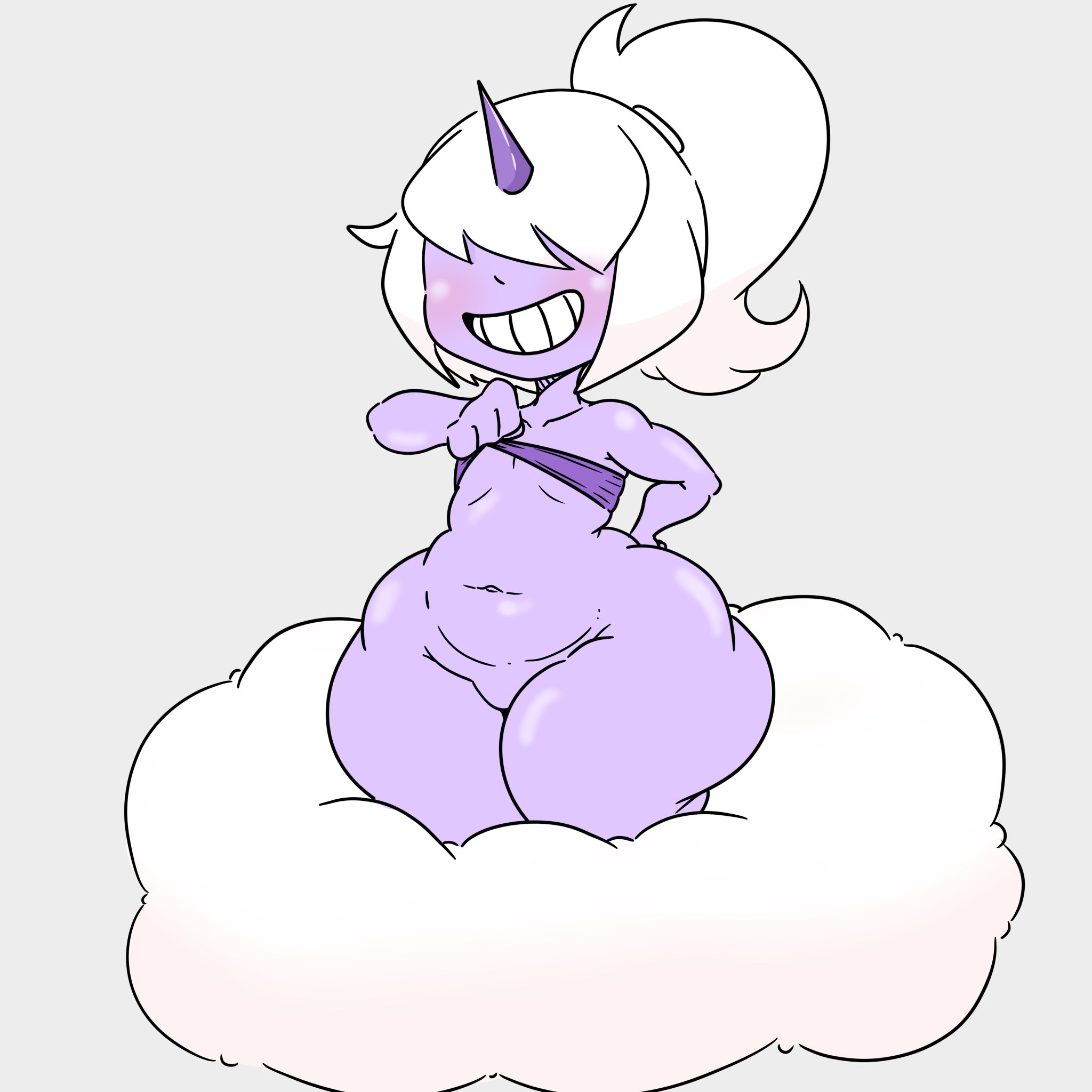 ass, brat, cloud, dazzi (pal), female, flat chest, hand on hip, huge ass, huge thighs, inakotho, lifting shirt, massive ass, no panties, pal (species), palworld, pudgy belly, purple skin, raijin daughter, smug, smug grin, tubetop, white hair, wide hips